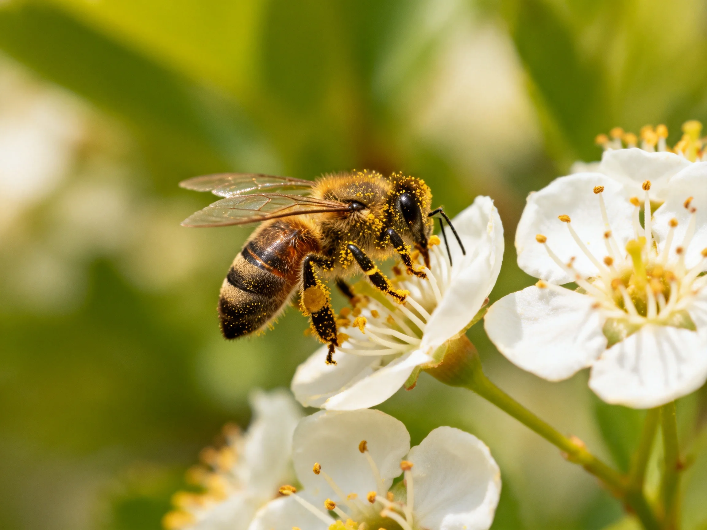 A honeybee collecting pollen from delicate white blossoms