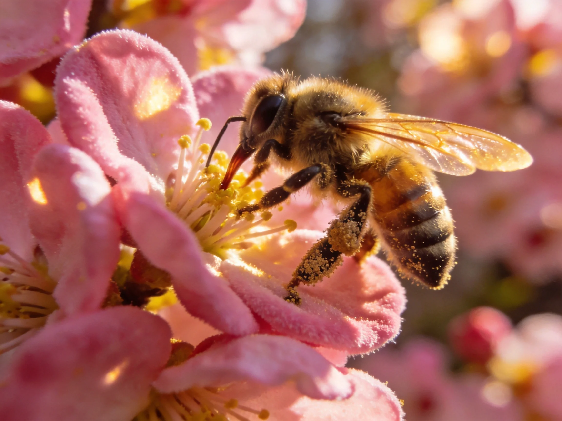 A honeybee collecting pollen from vibrant pink blossoms