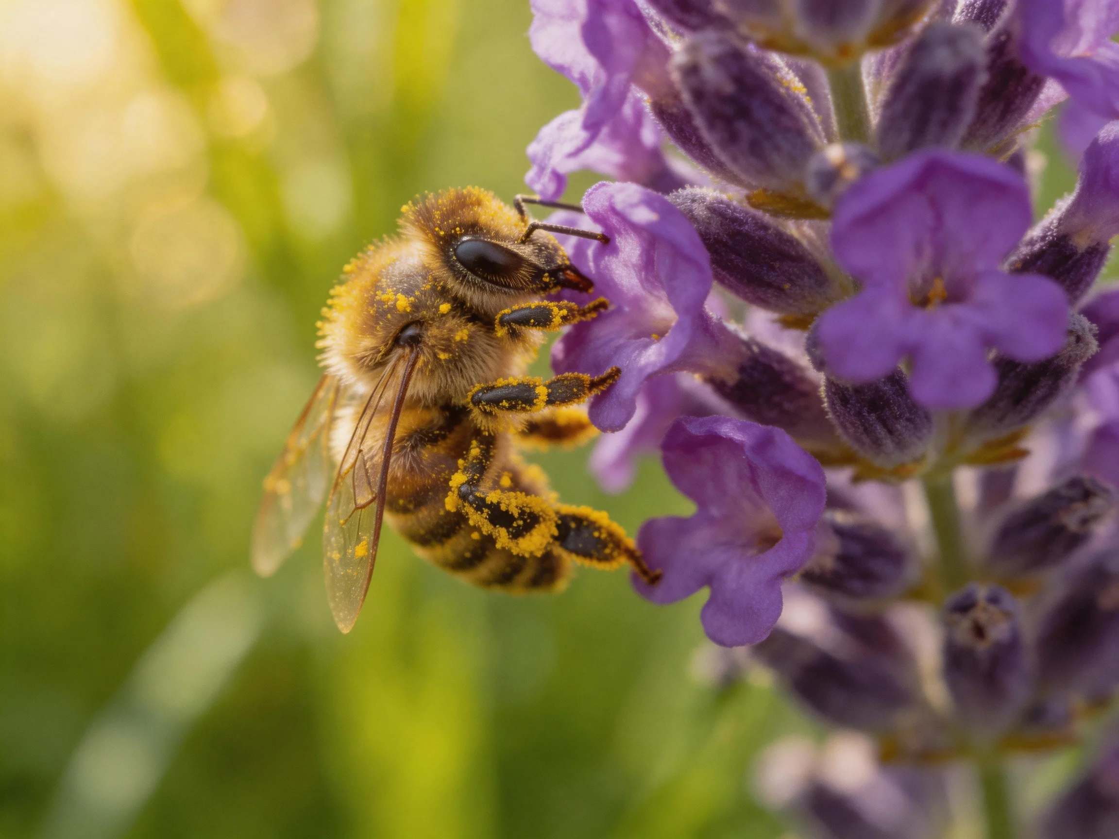 A honeybee collecting pollen from vibrant purple lavender blossoms