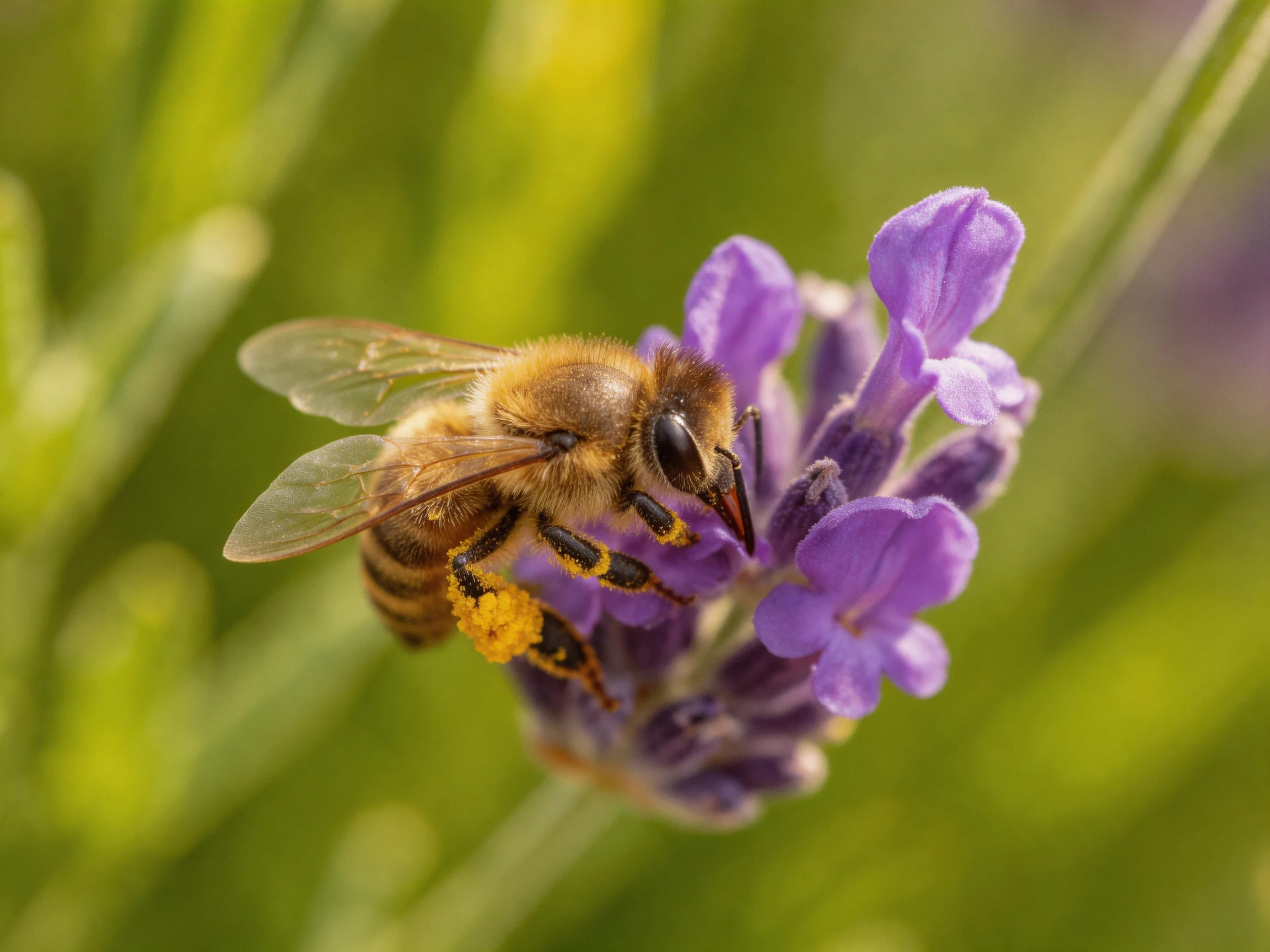 A honeybee collecting pollen from vibrant purple lavender blossoms
