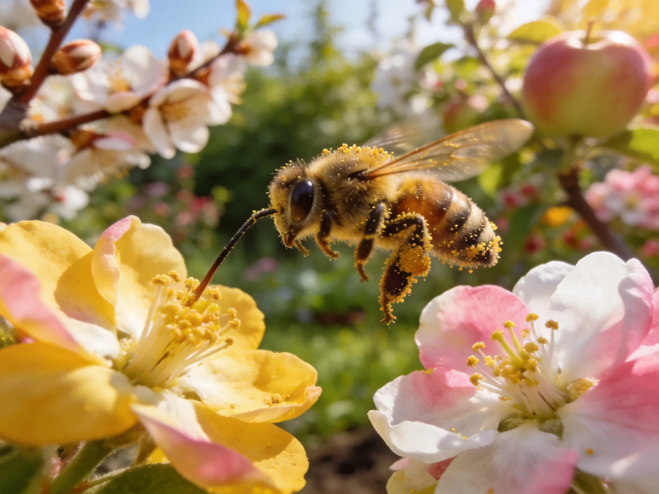 A honeybee collecting pollen from yellow and pink blossoms near an apple tree