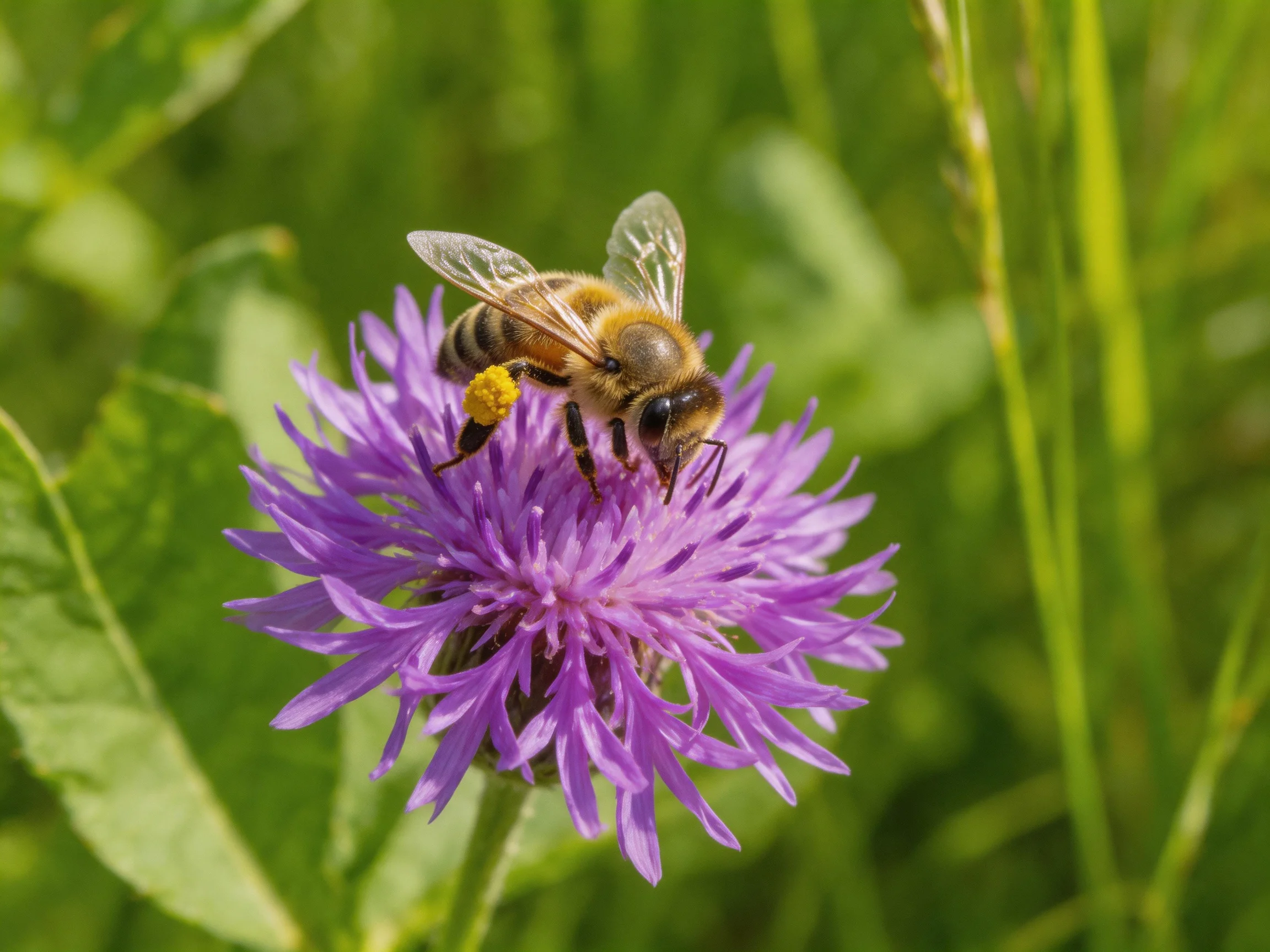 A honeybee collects pollen from a vibrant purple wildflower
