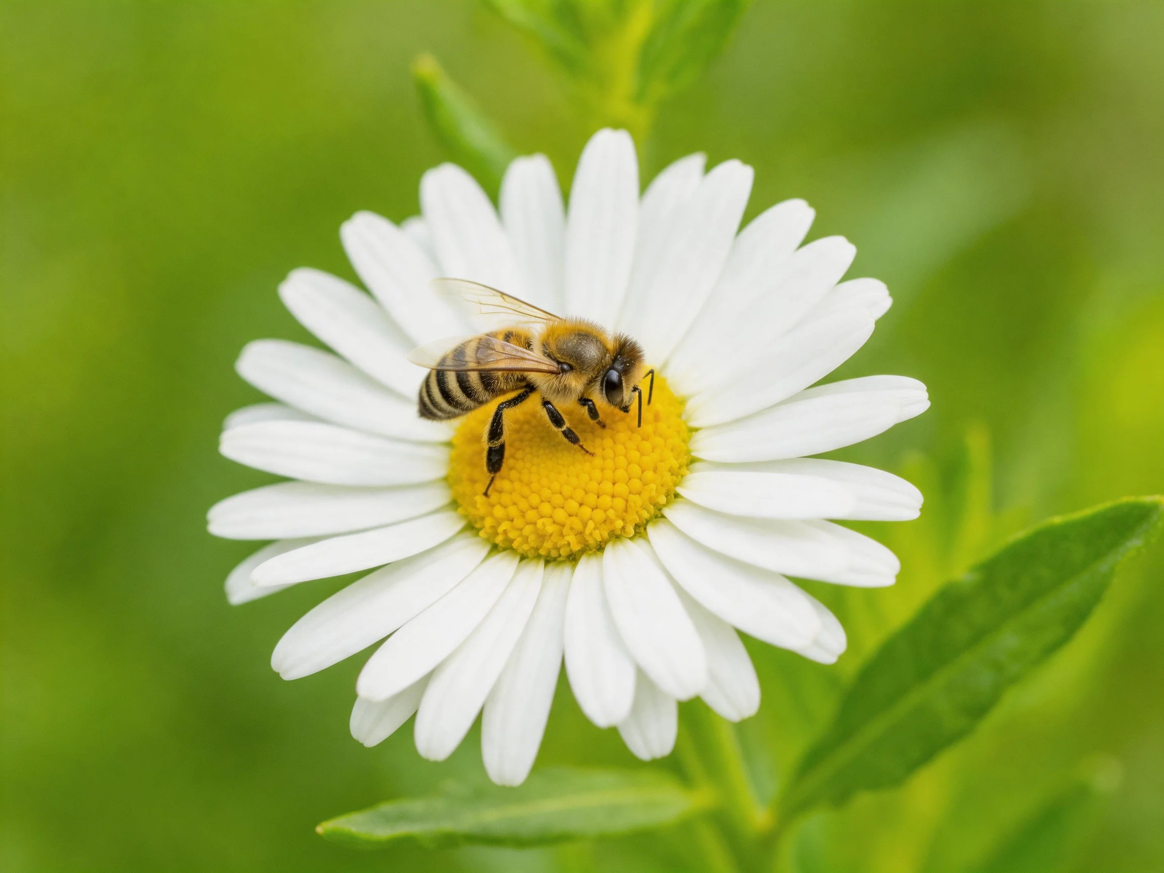 A honeybee collects pollen from a white daisy with a yellow center