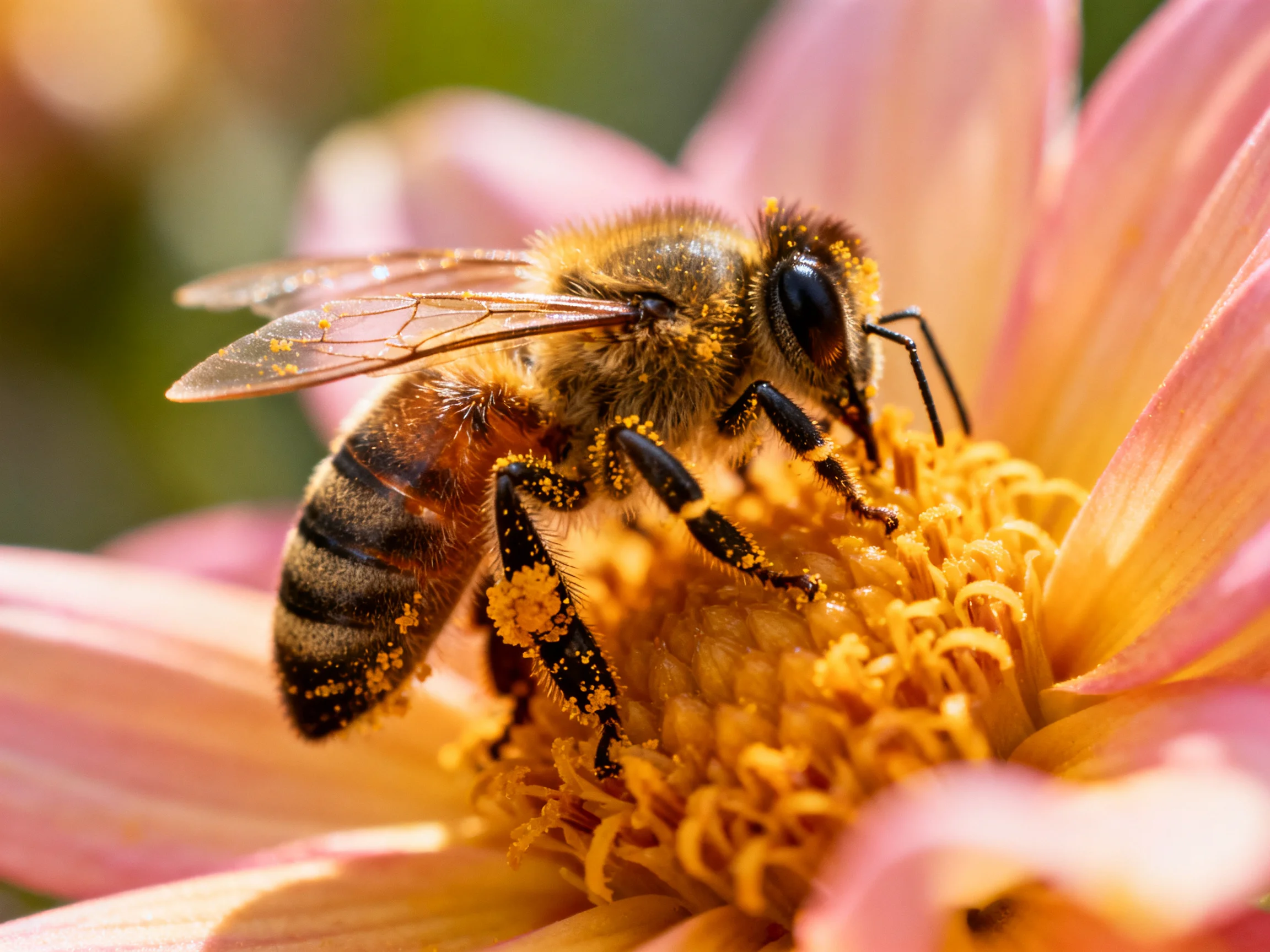 A honeybee dusted with golden pollen on a pink-yellow flower