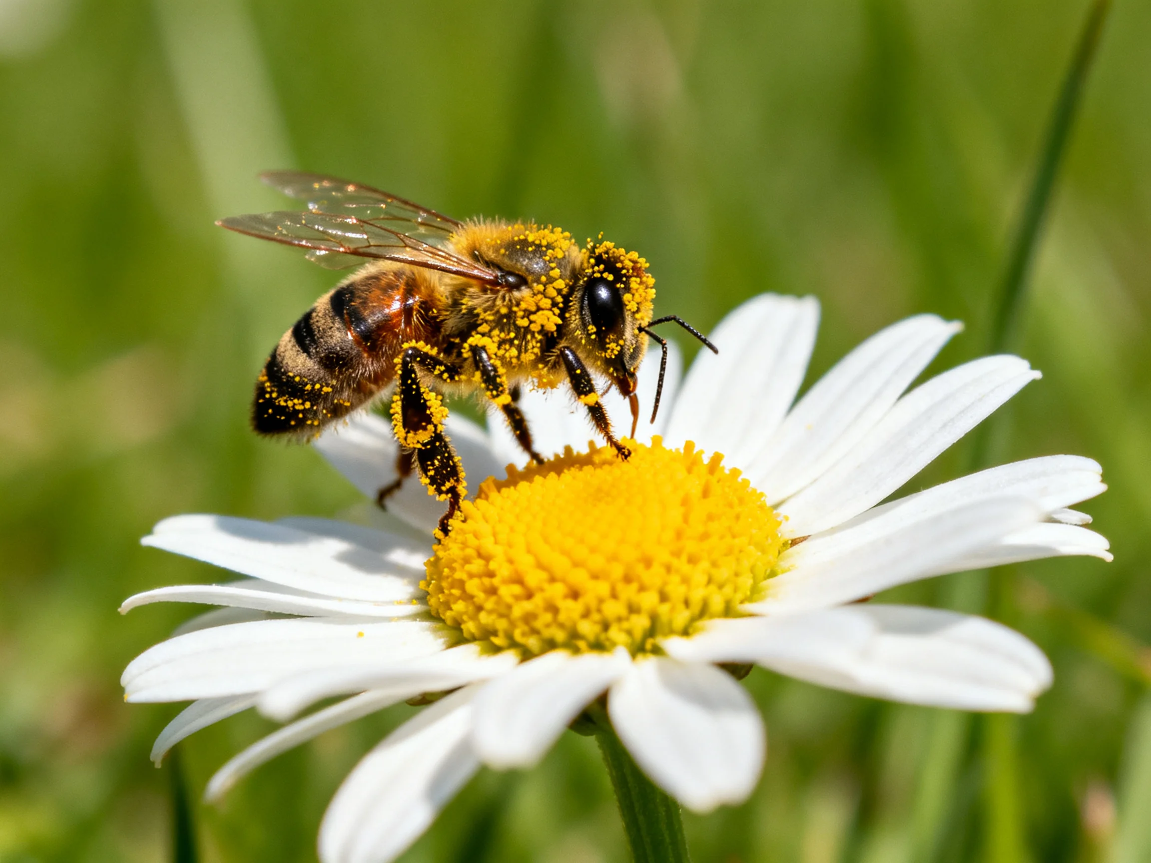 A honeybee dusted with yellow pollen gathers nectar from a white daisy