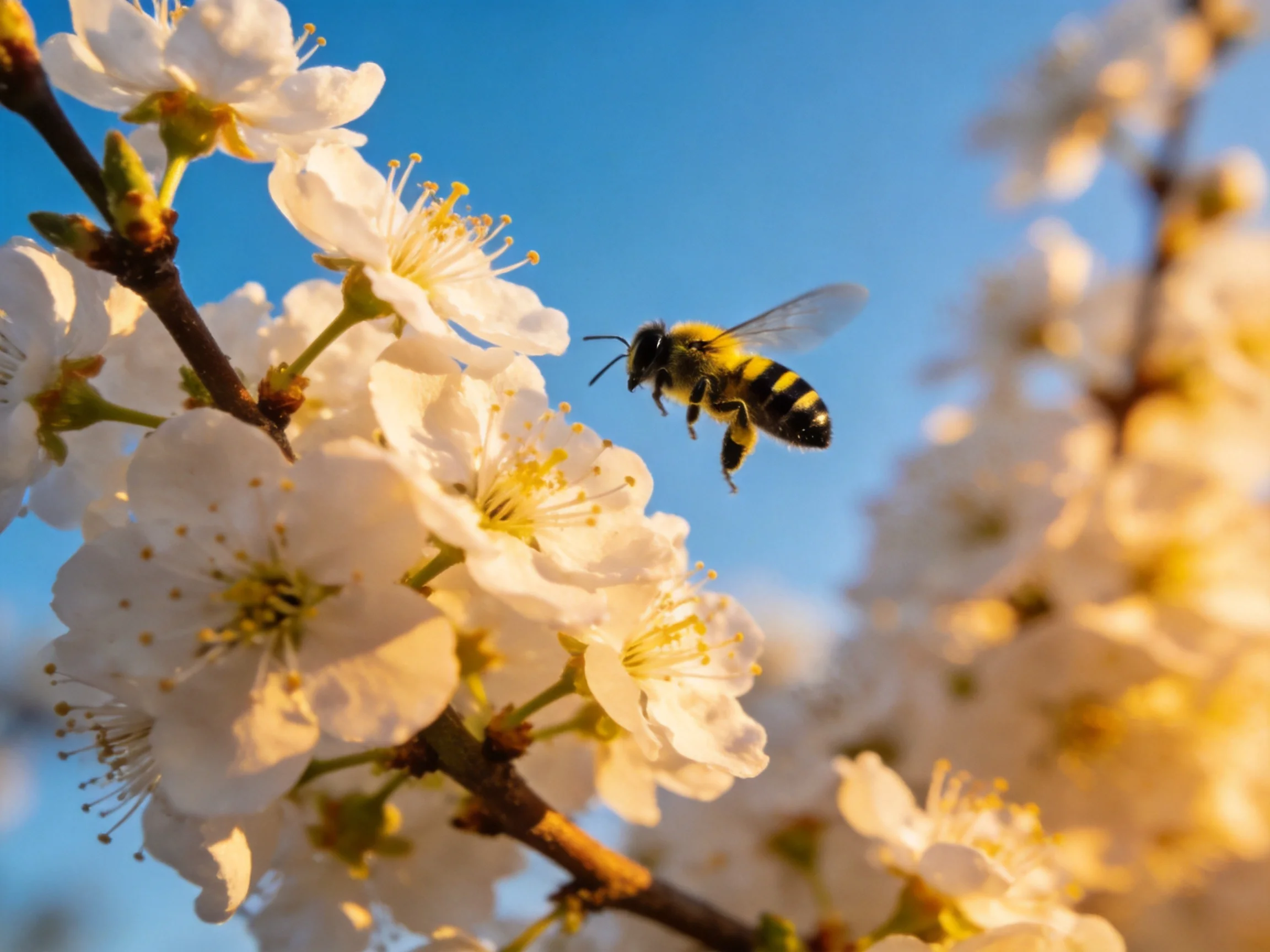 A honeybee flies toward white blossoms under a clear blue sky