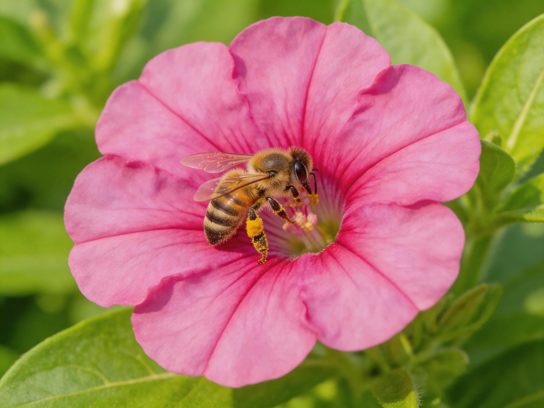 A honeybee gathering nectar from a vibrant pink petunia