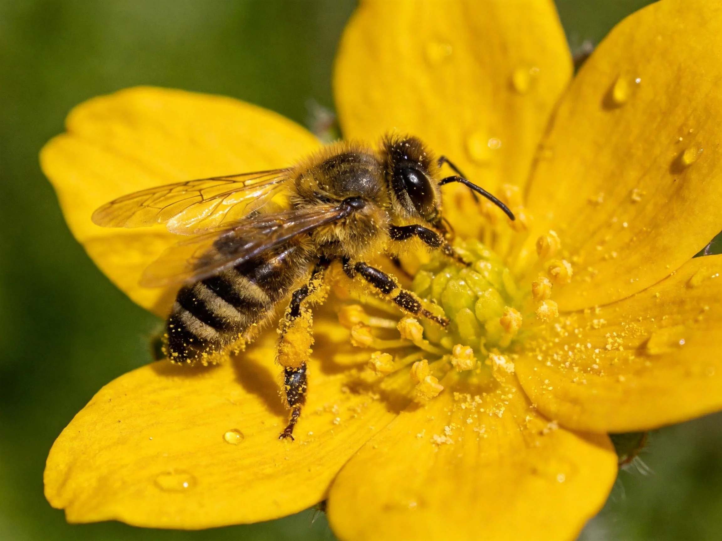 A honeybee gathering nectar from a vibrant yellow flower with dewdrops