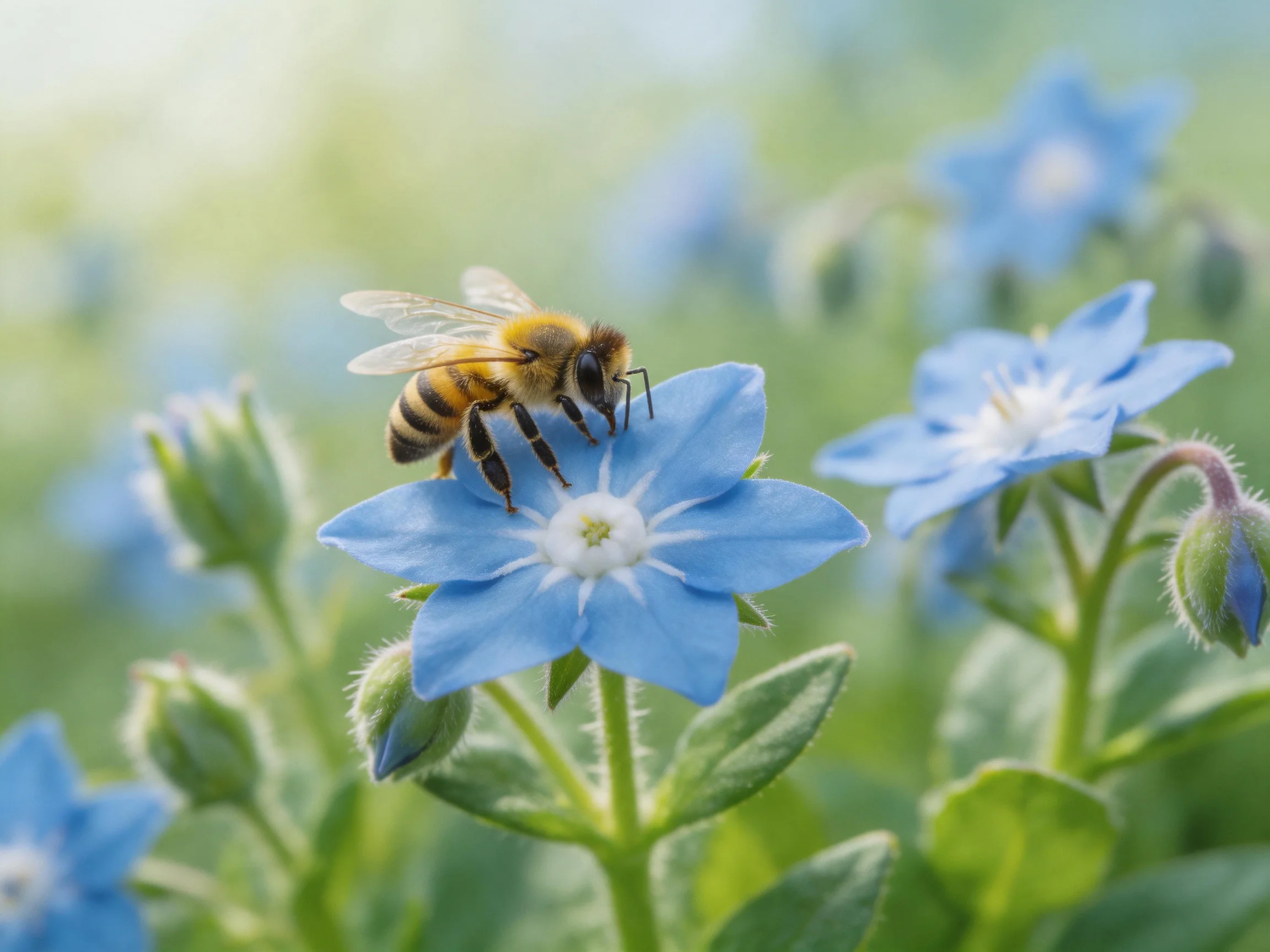 A honeybee gathering nectar from vibrant blue flowers