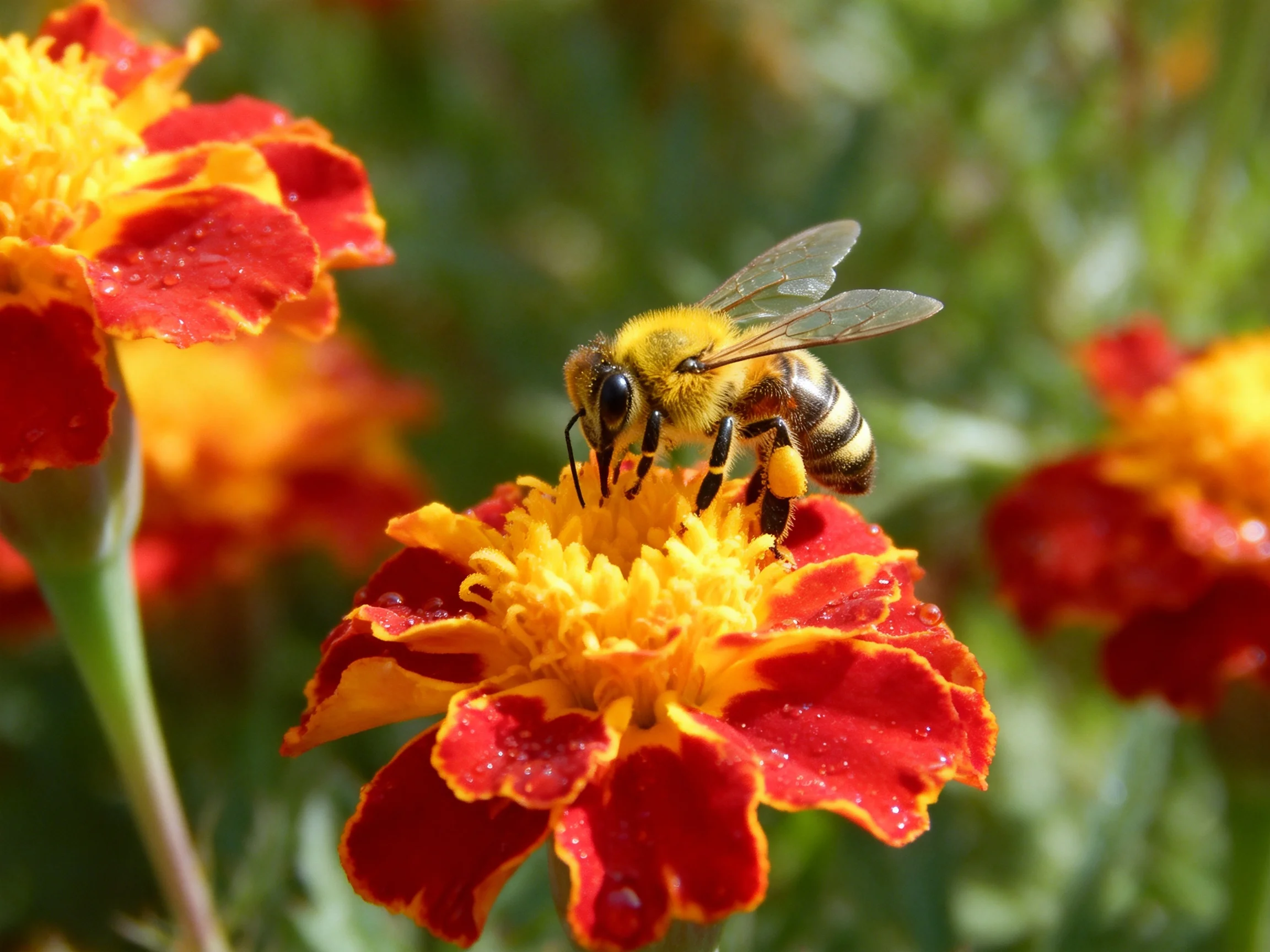 A honeybee gathering nectar from vibrant red and yellow marigolds