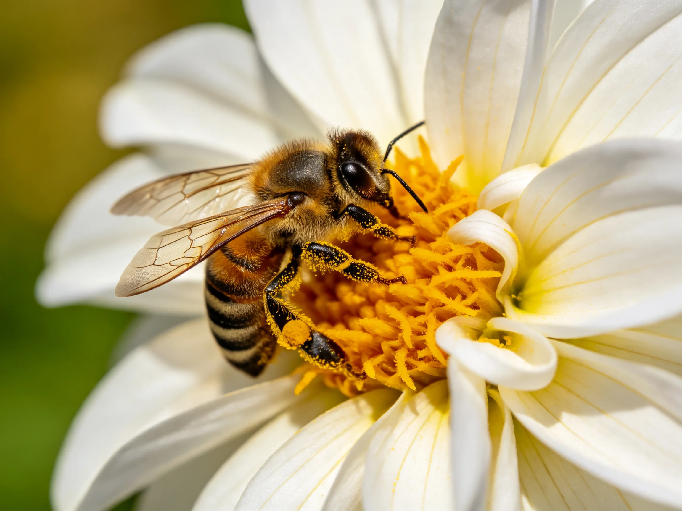 A honeybee gathering pollen from a large white flower