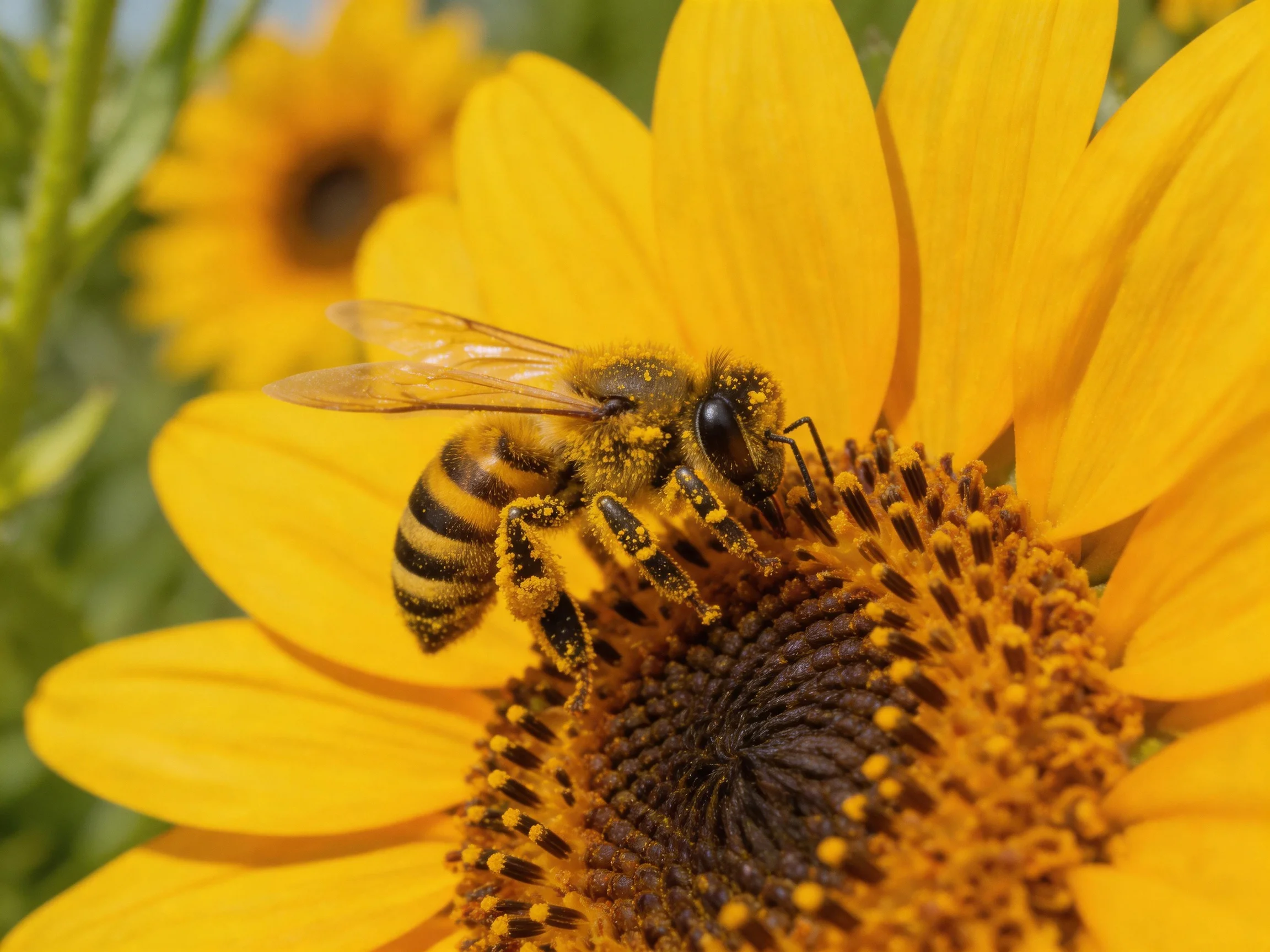 A honeybee gathering pollen from a large yellow sunflower