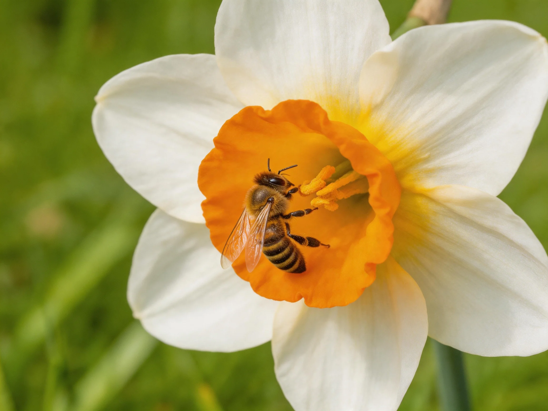 A honeybee gathering pollen on a white and orange daffodil
