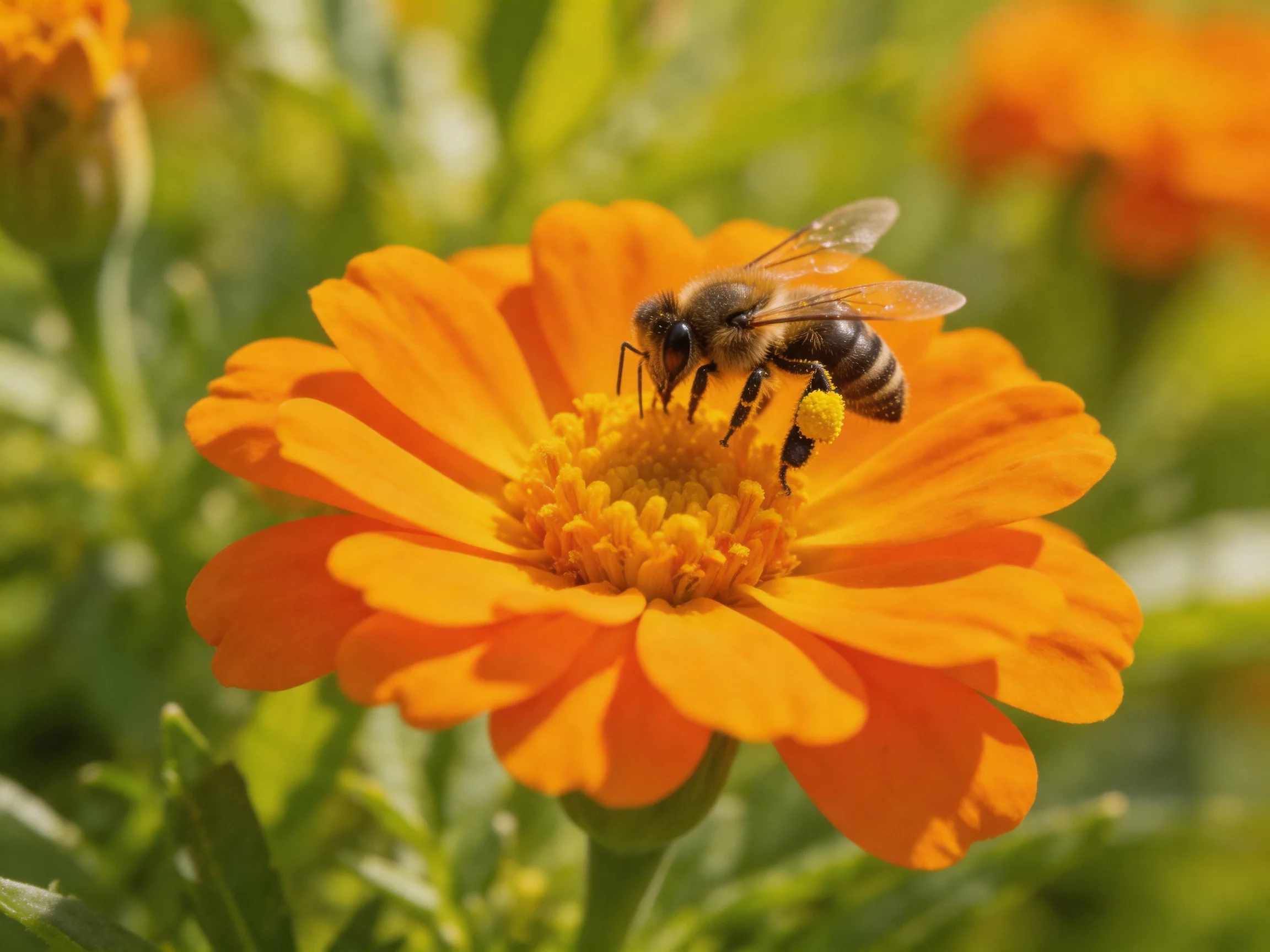 A honeybee gathers nectar from a bright orange marigold