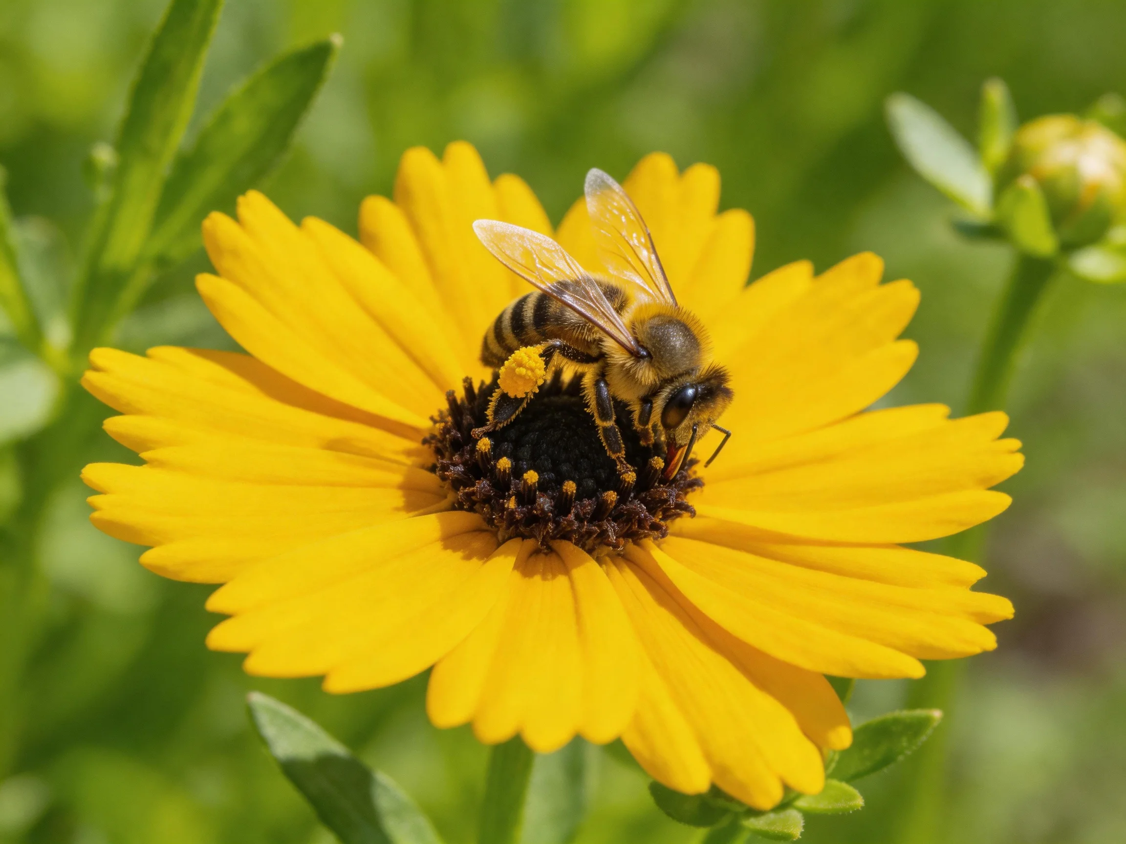A honeybee gathers nectar from a bright yellow flower