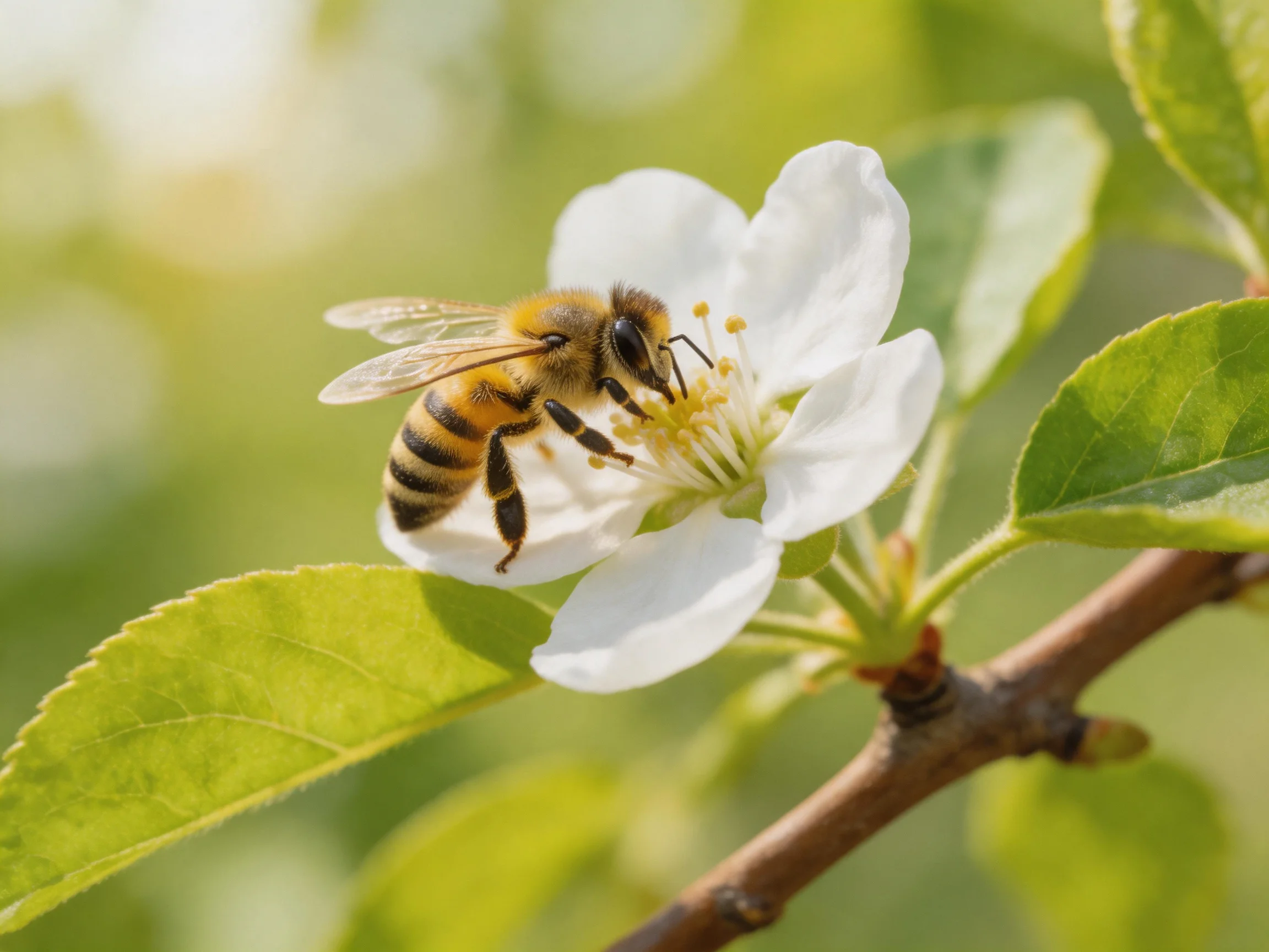 A honeybee gathers nectar from a delicate white blossom