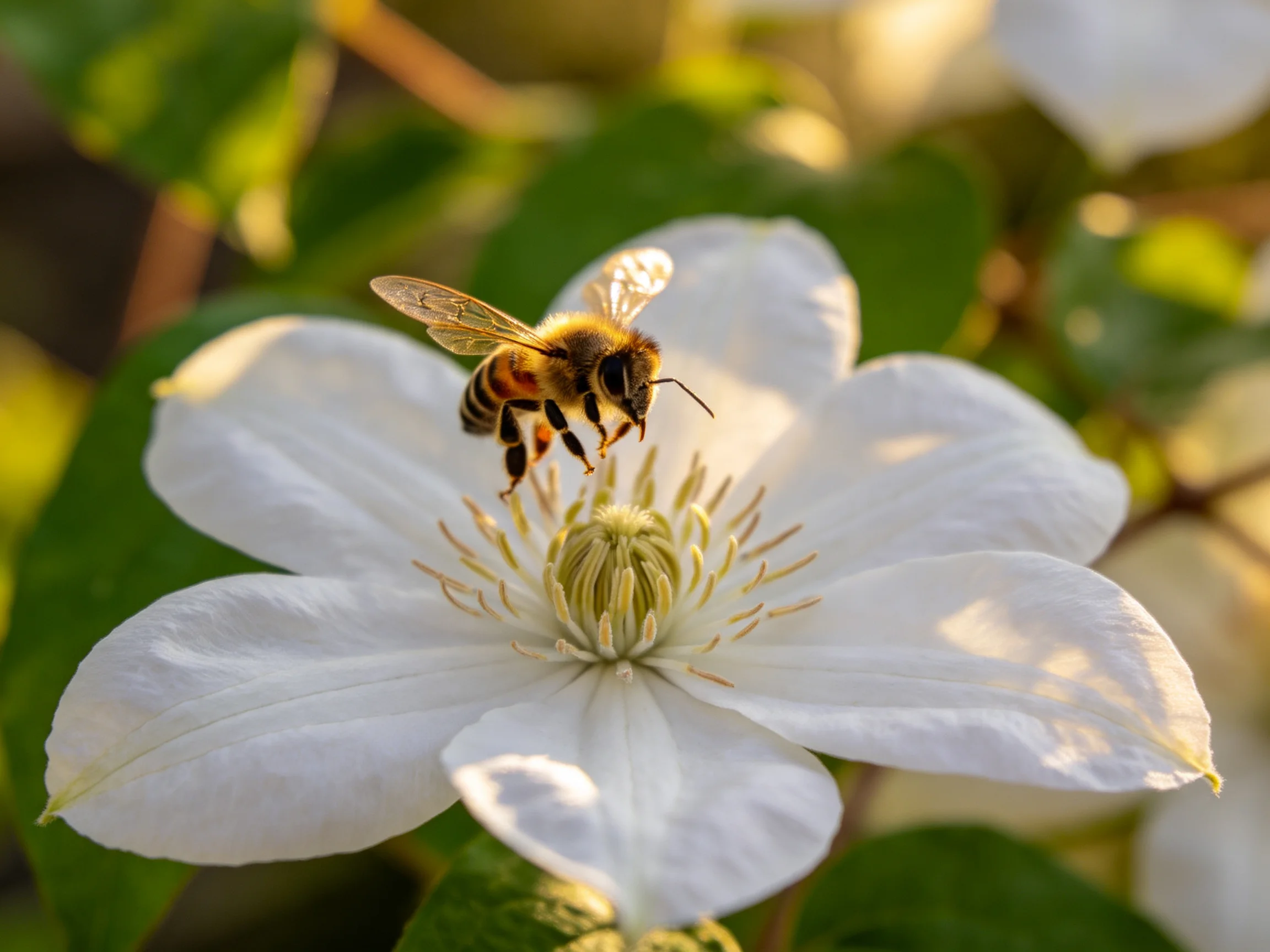 A honeybee gathers nectar from a large white flower with green foliage
