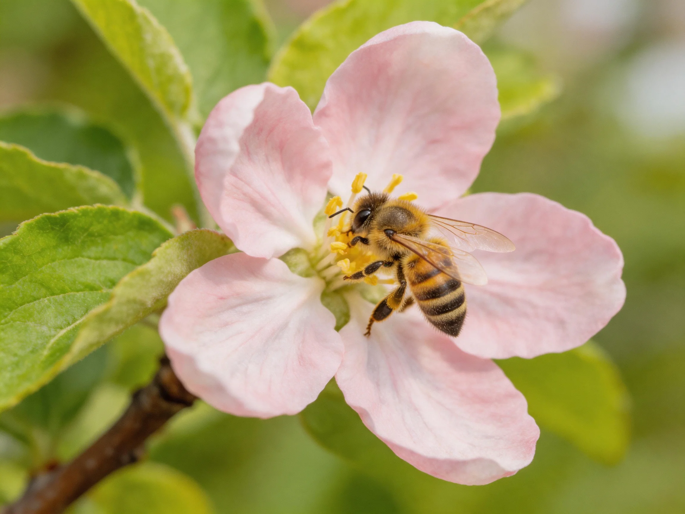 A honeybee gathers nectar from a soft pink apple blossom