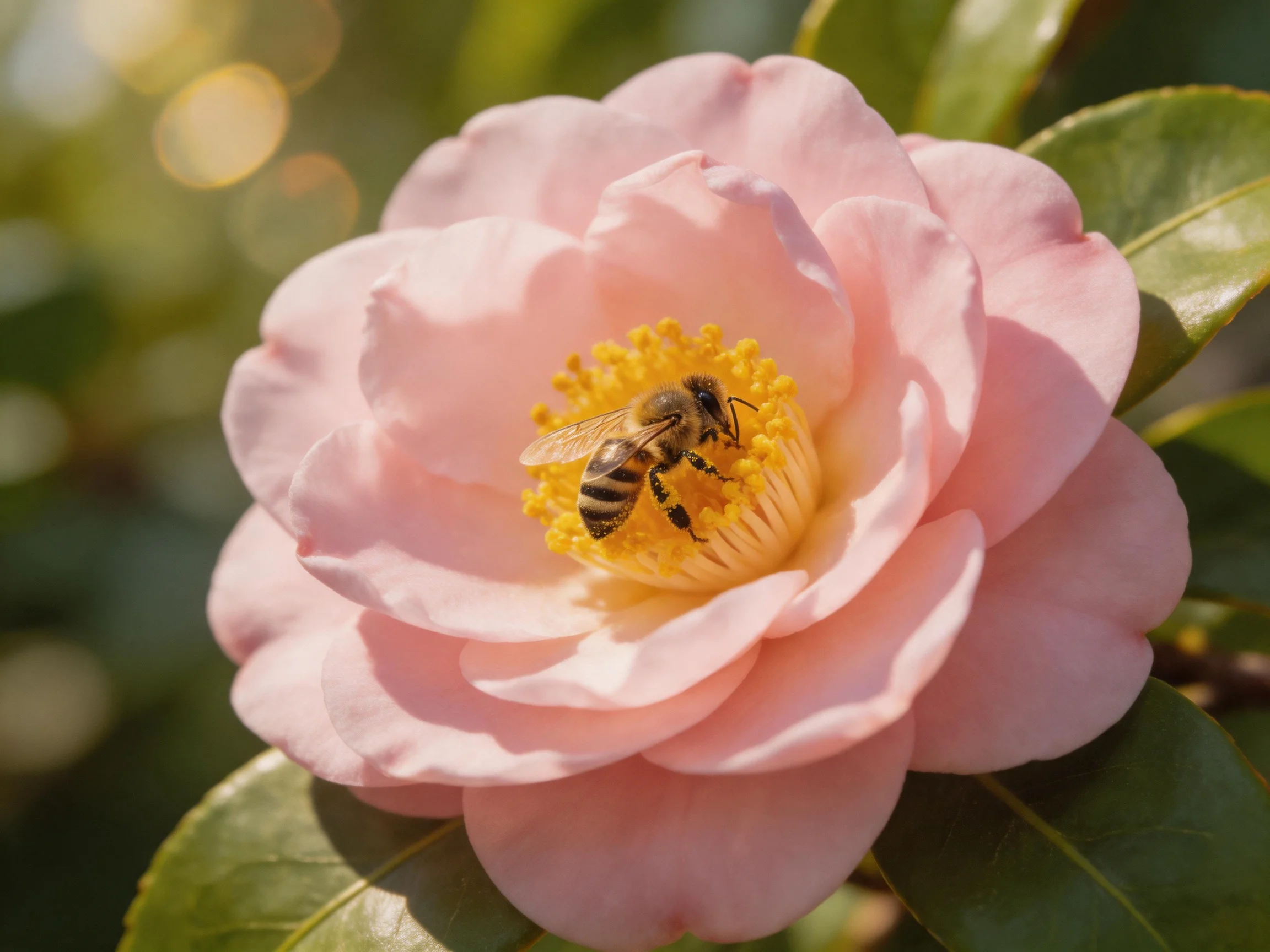 A honeybee gathers nectar from a soft pink camellia blossom