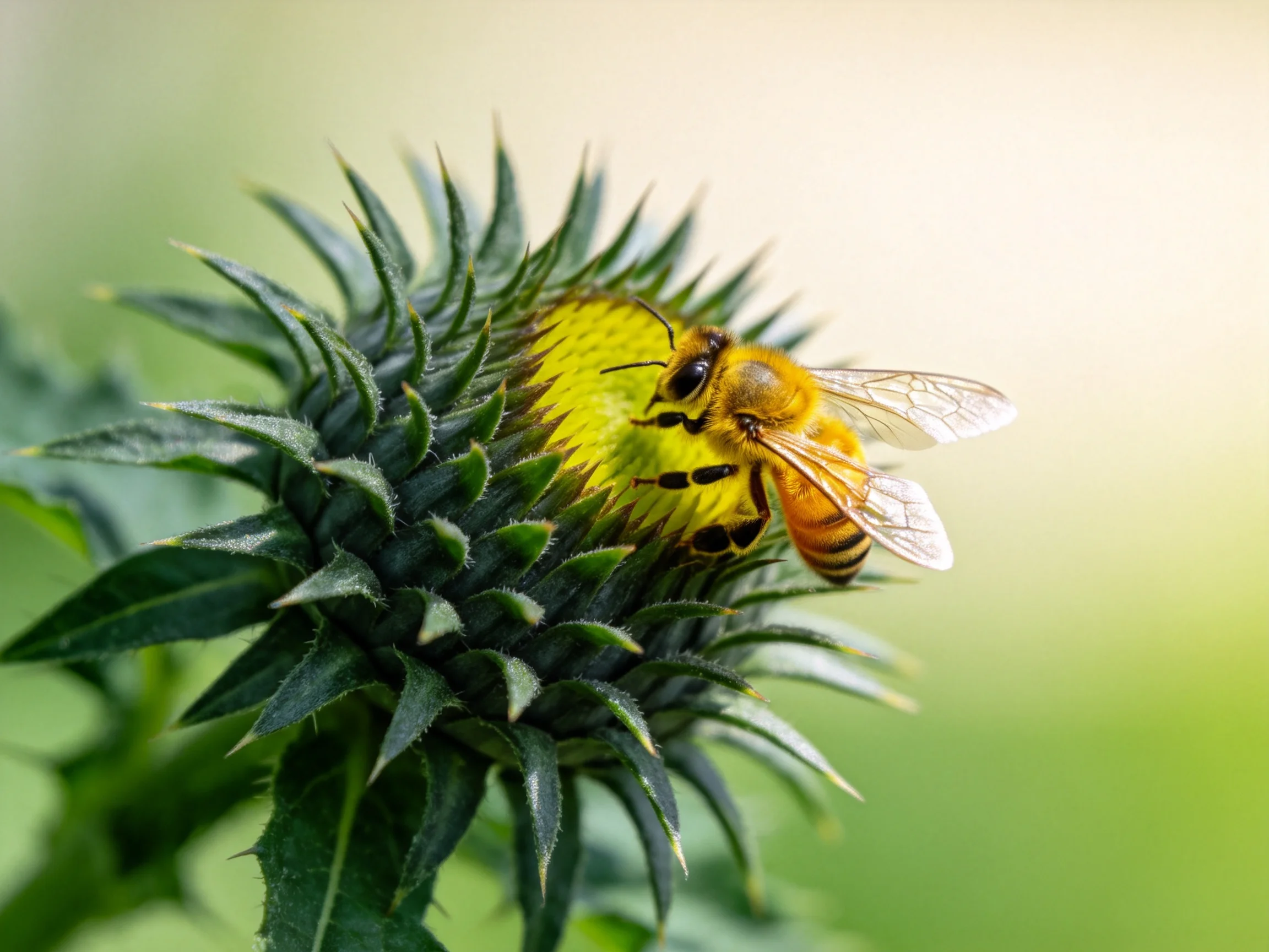 A honeybee gathers nectar from a spiky green and yellow flower