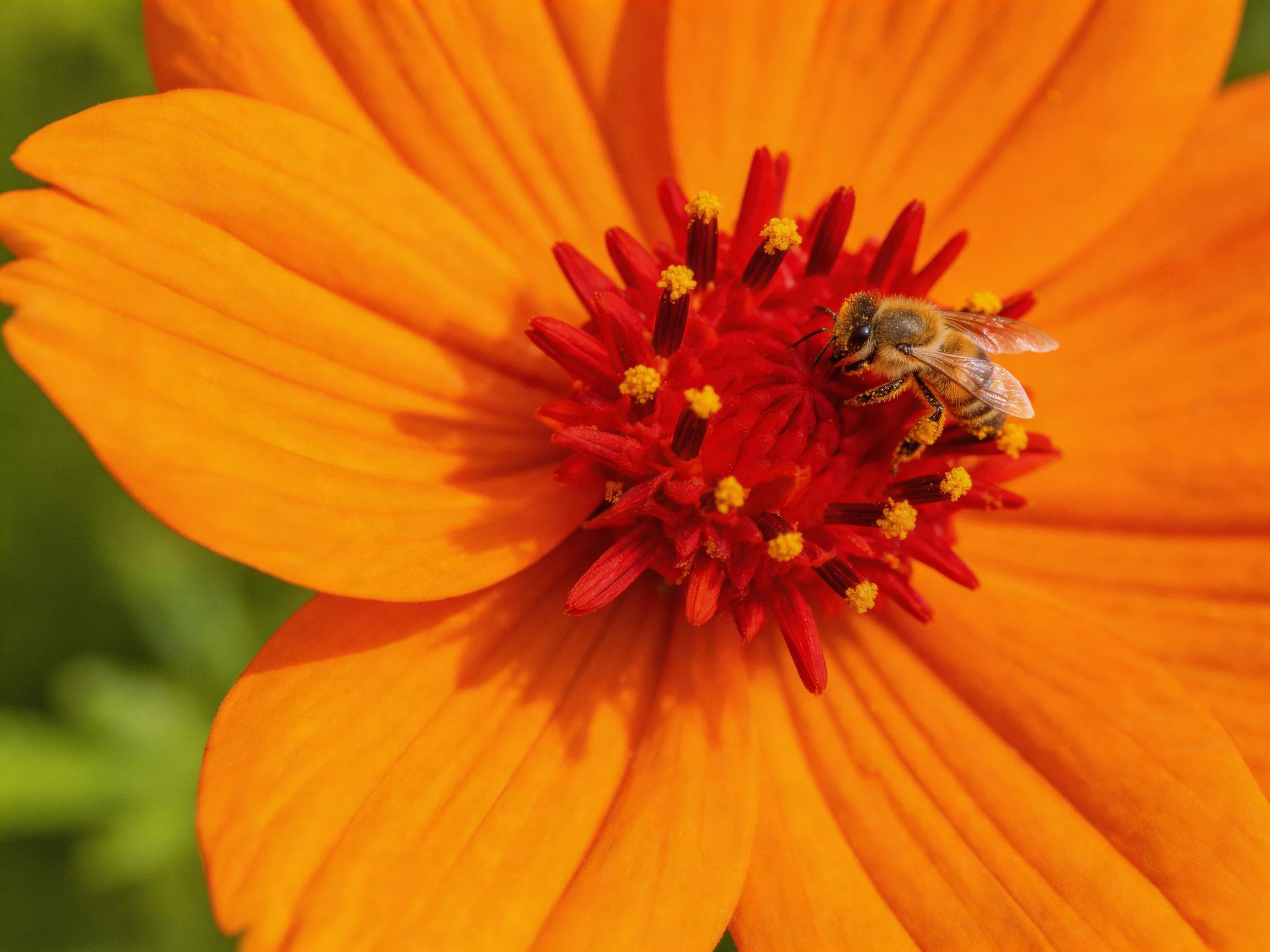 A honeybee gathers nectar from a vibrant orange flower