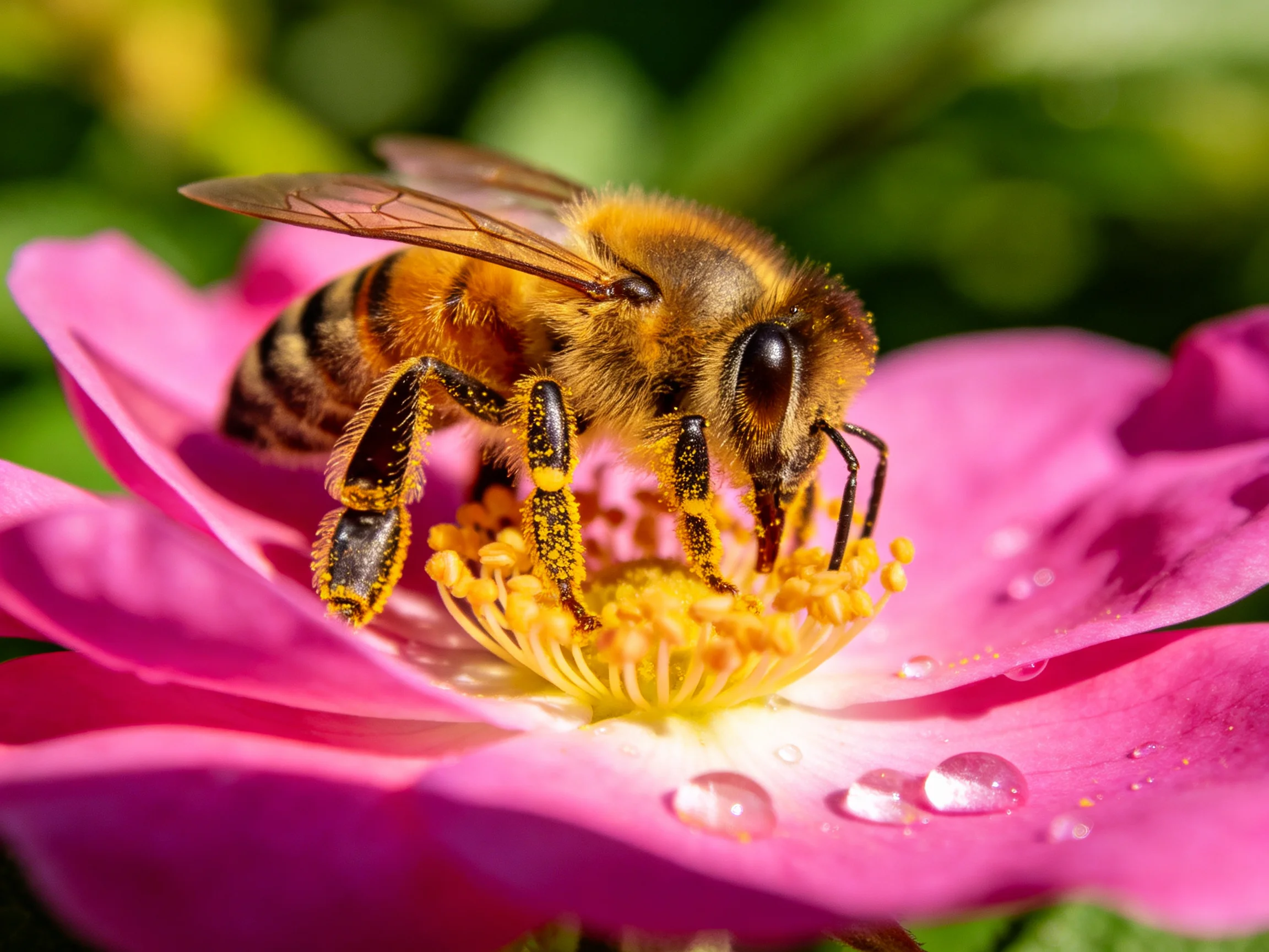 A honeybee gathers nectar from a vibrant pink rose with dew drops