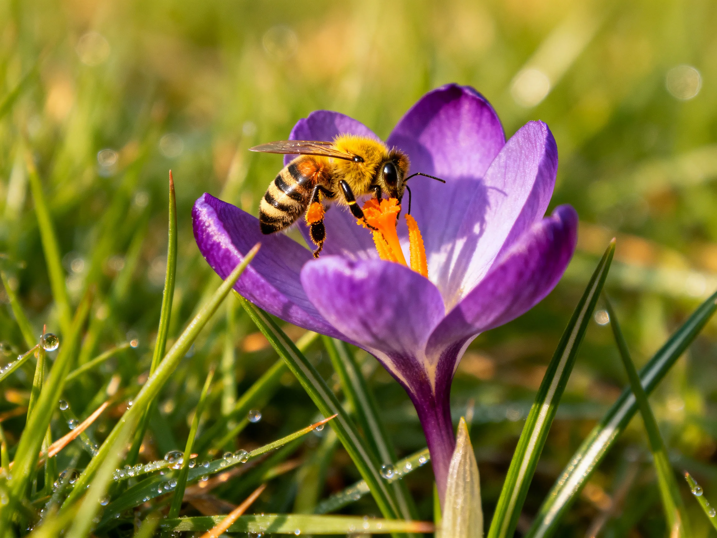 A honeybee gathers nectar from a vibrant purple crocus amid dewy green grass