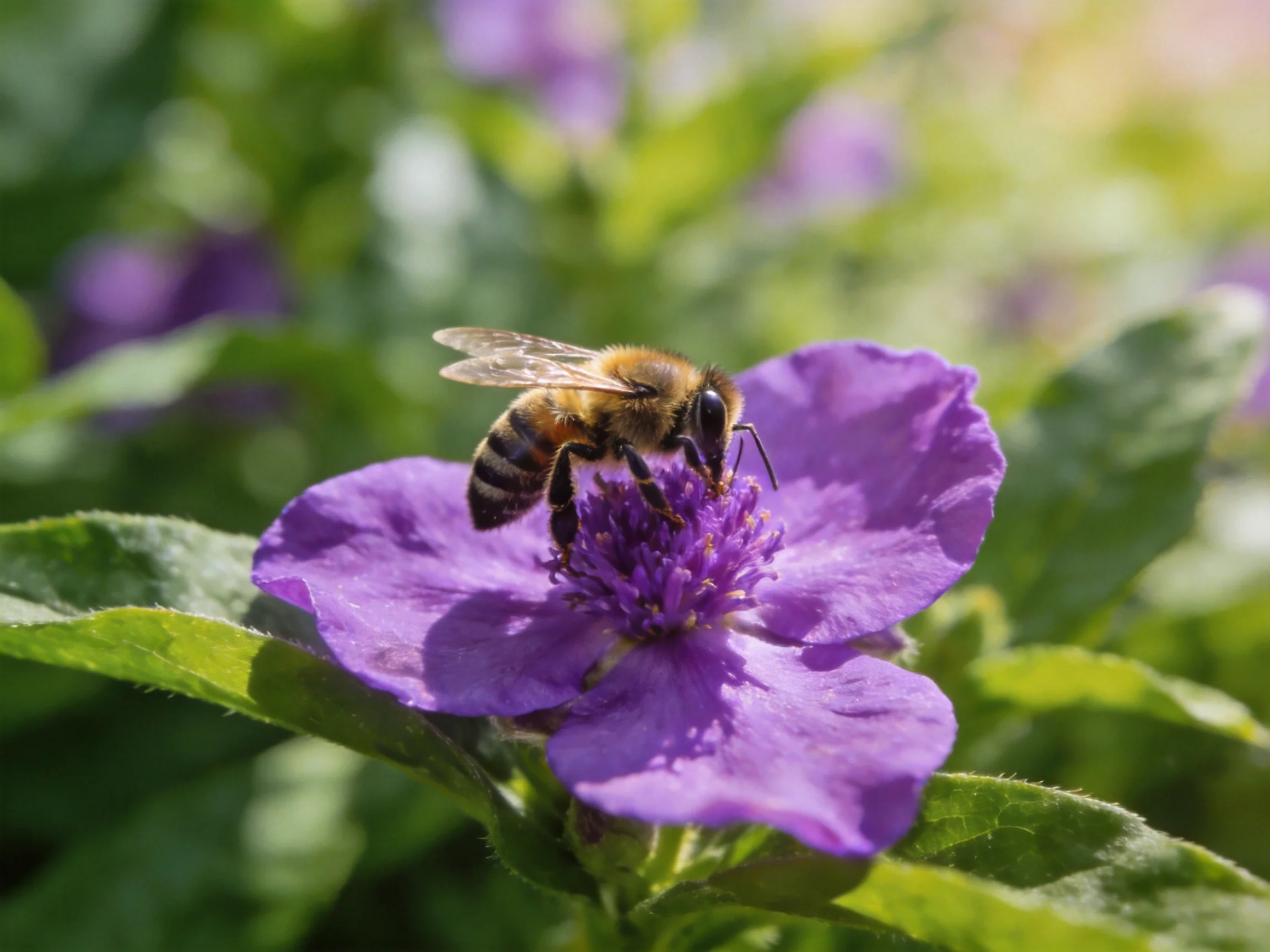 A honeybee gathers nectar from a vibrant purple flower