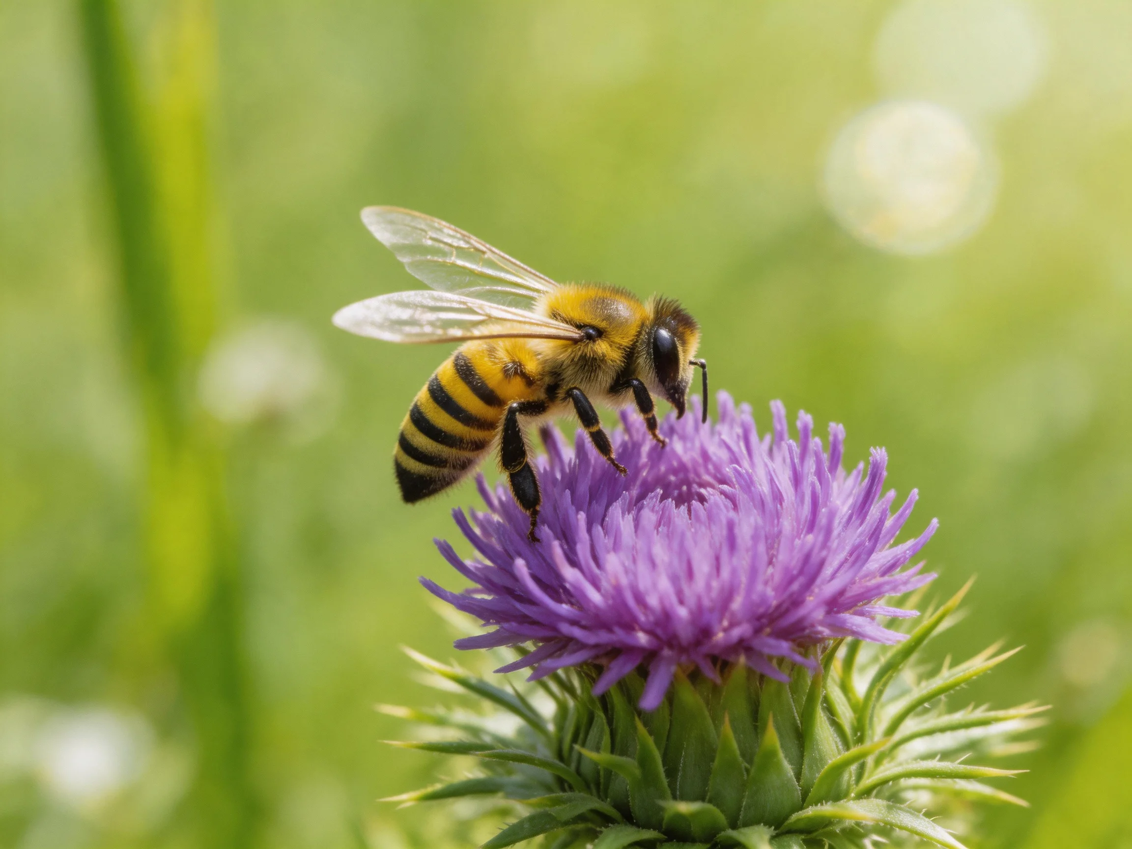A honeybee gathers nectar from a vibrant purple thistle blossom