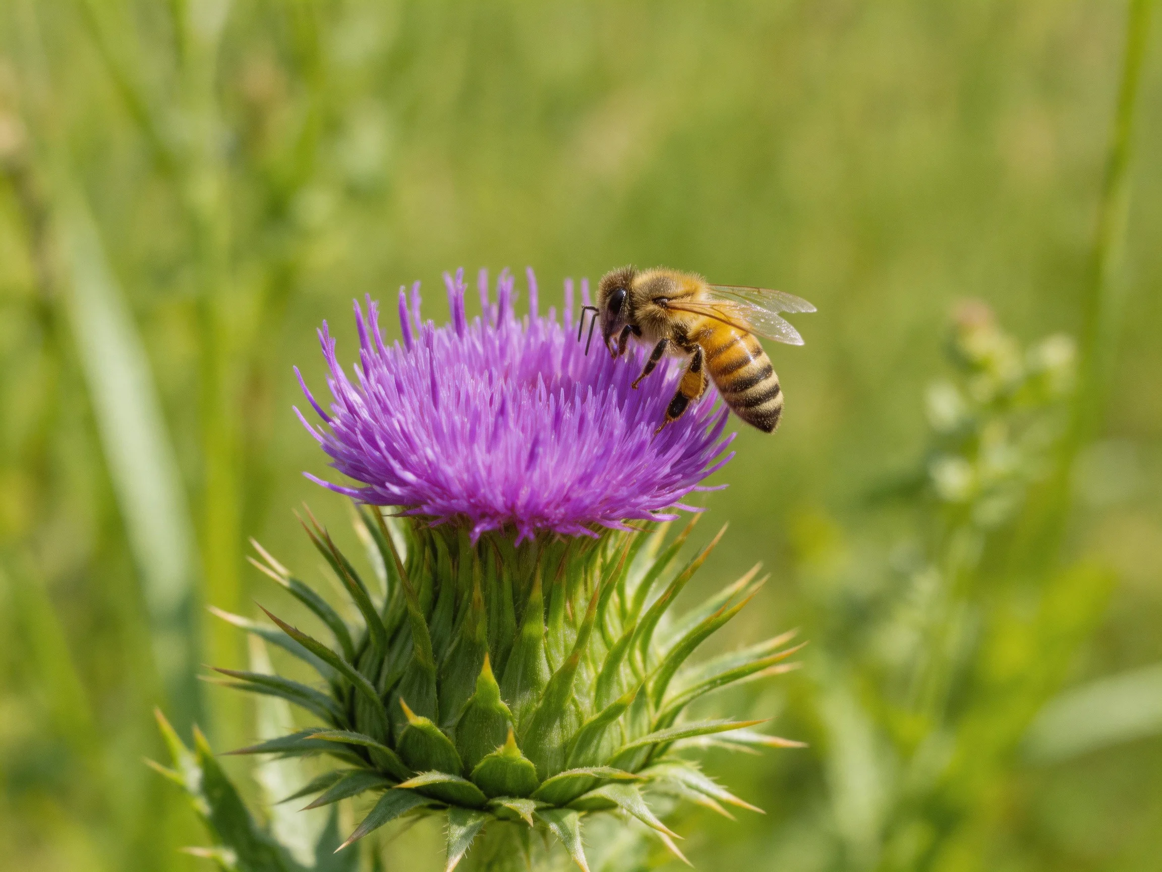 A honeybee gathers nectar from a vibrant purple thistle flower