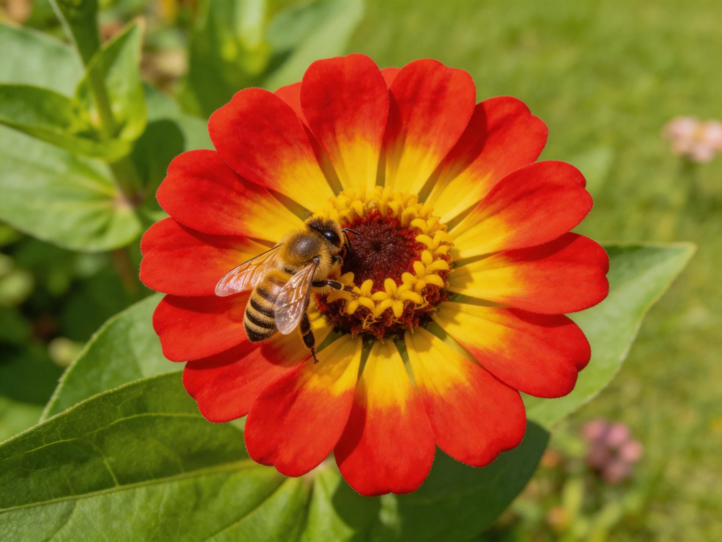 A honeybee gathers nectar from a vibrant red and yellow zinnia flower