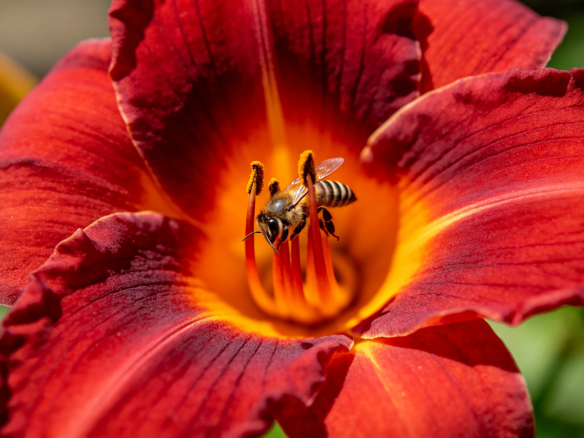 A honeybee gathers nectar from a vibrant red-orange daylily
