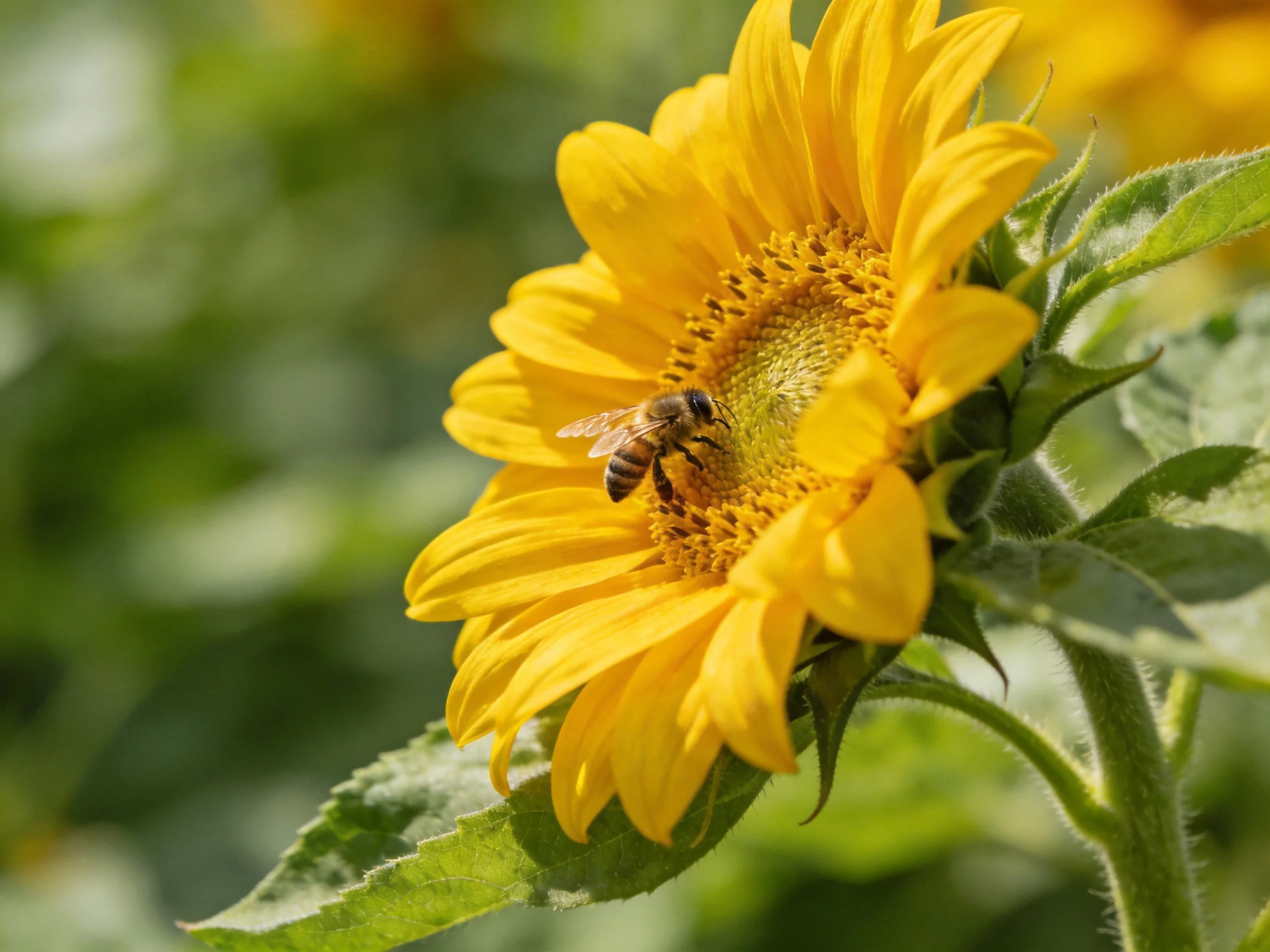 A honeybee gathers nectar from a vibrant yellow sunflower