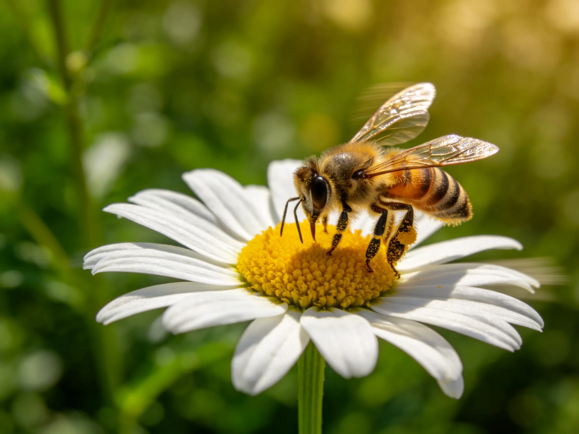 A honeybee gathers nectar from a white daisy with a golden center