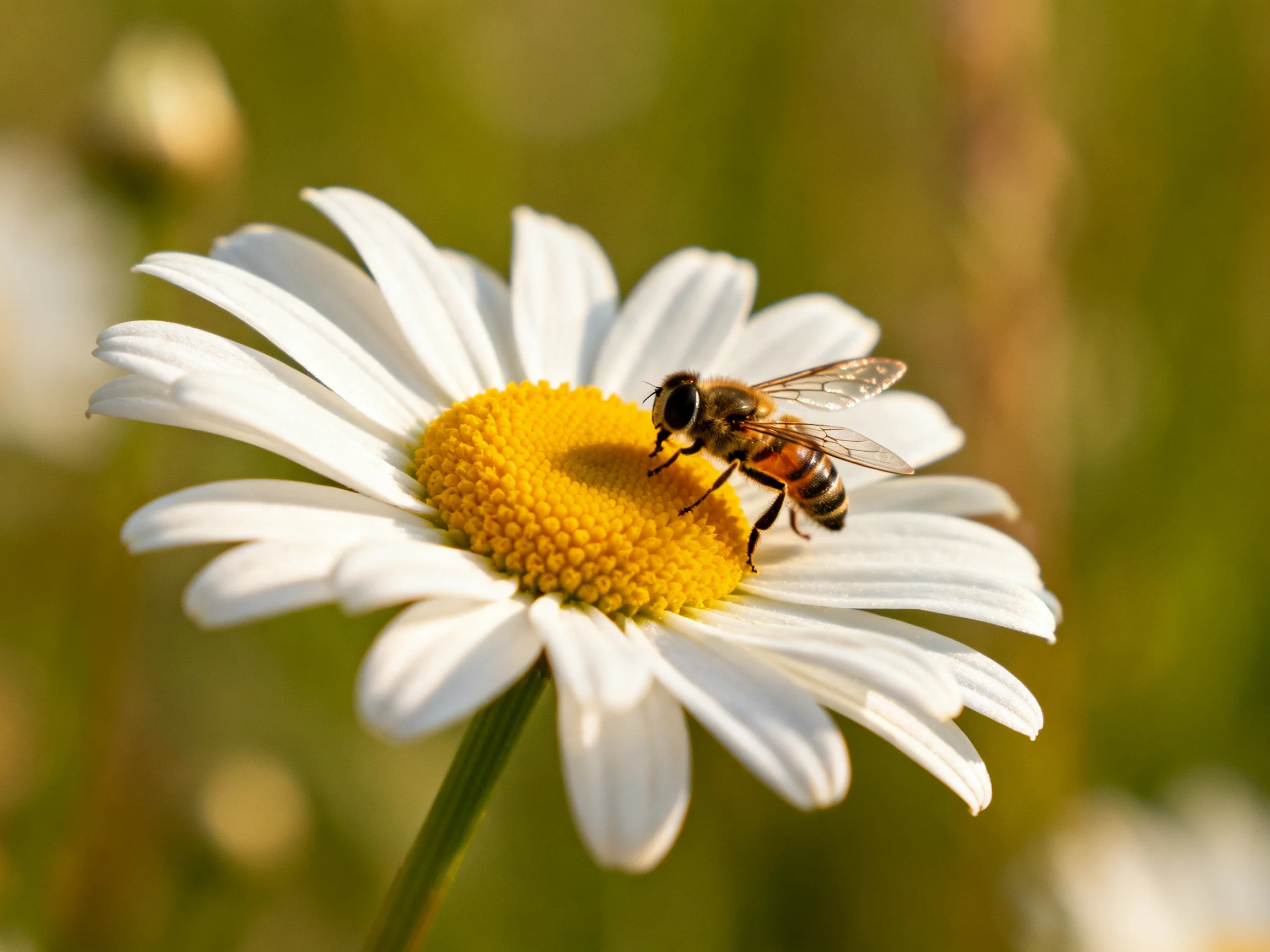 A honeybee gathers nectar from a white daisy with a yellow center
