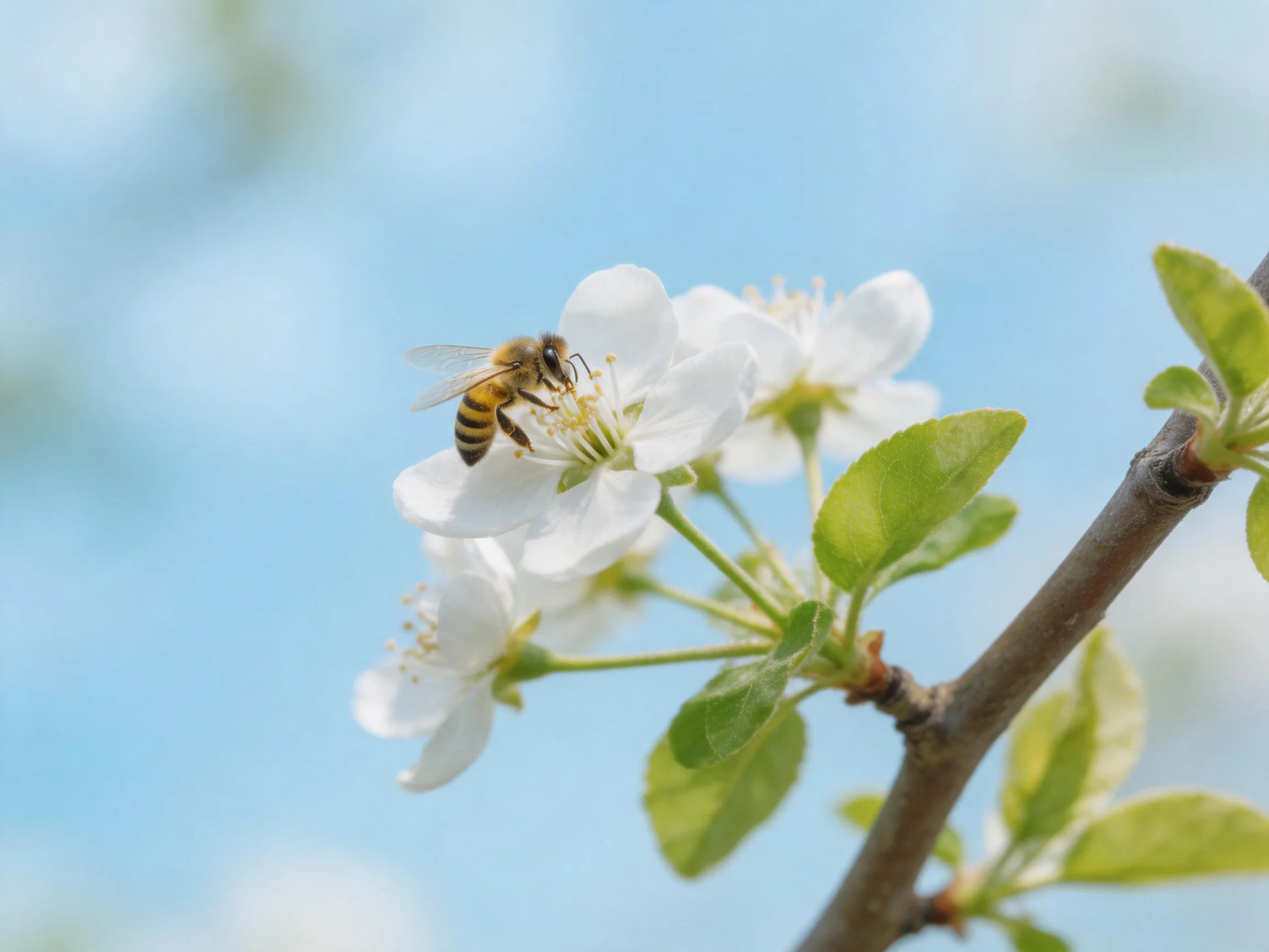 A honeybee gathers nectar from delicate white blossoms on a brown branch