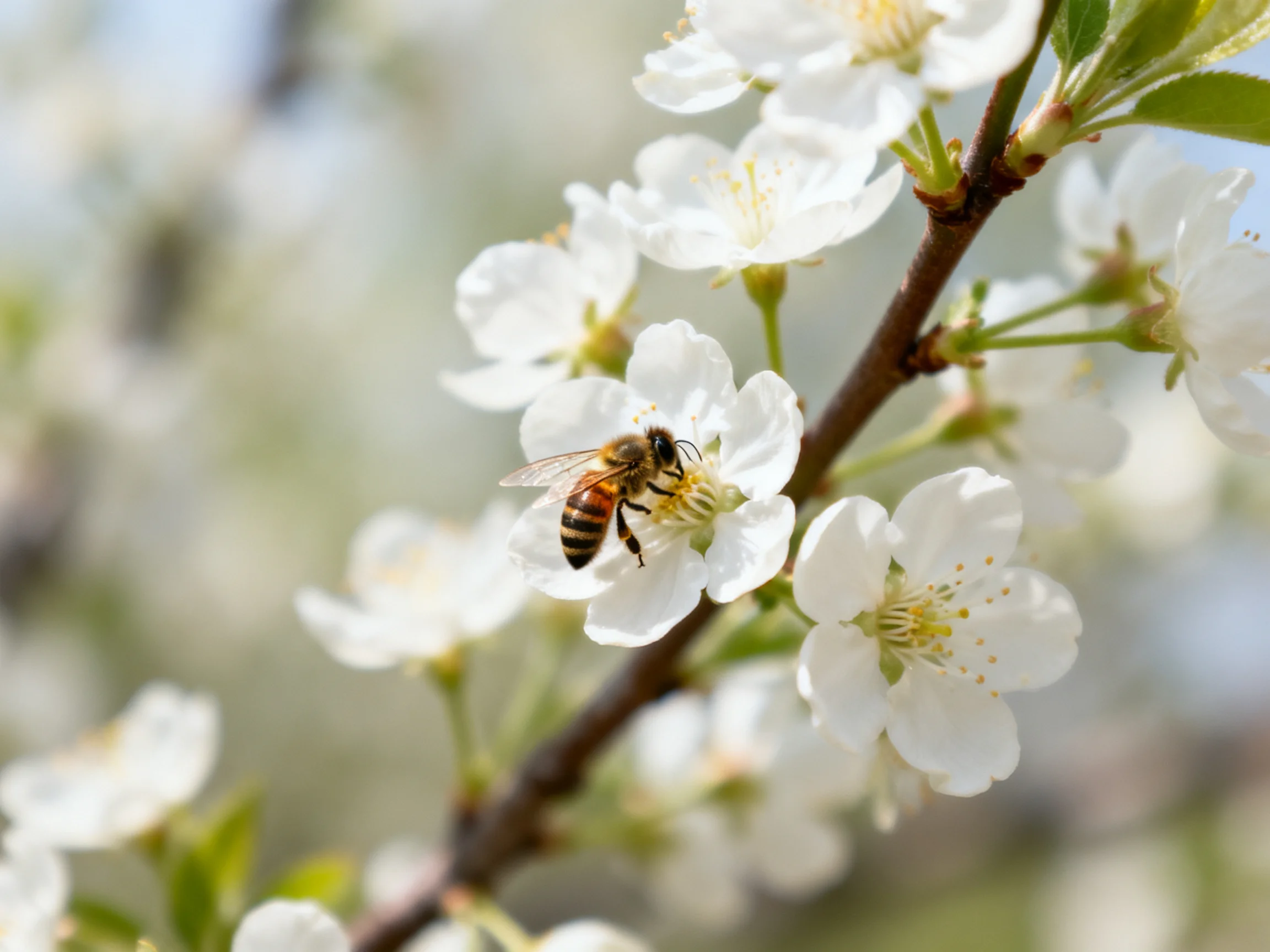 A honeybee gathers nectar from soft white cherry blossoms