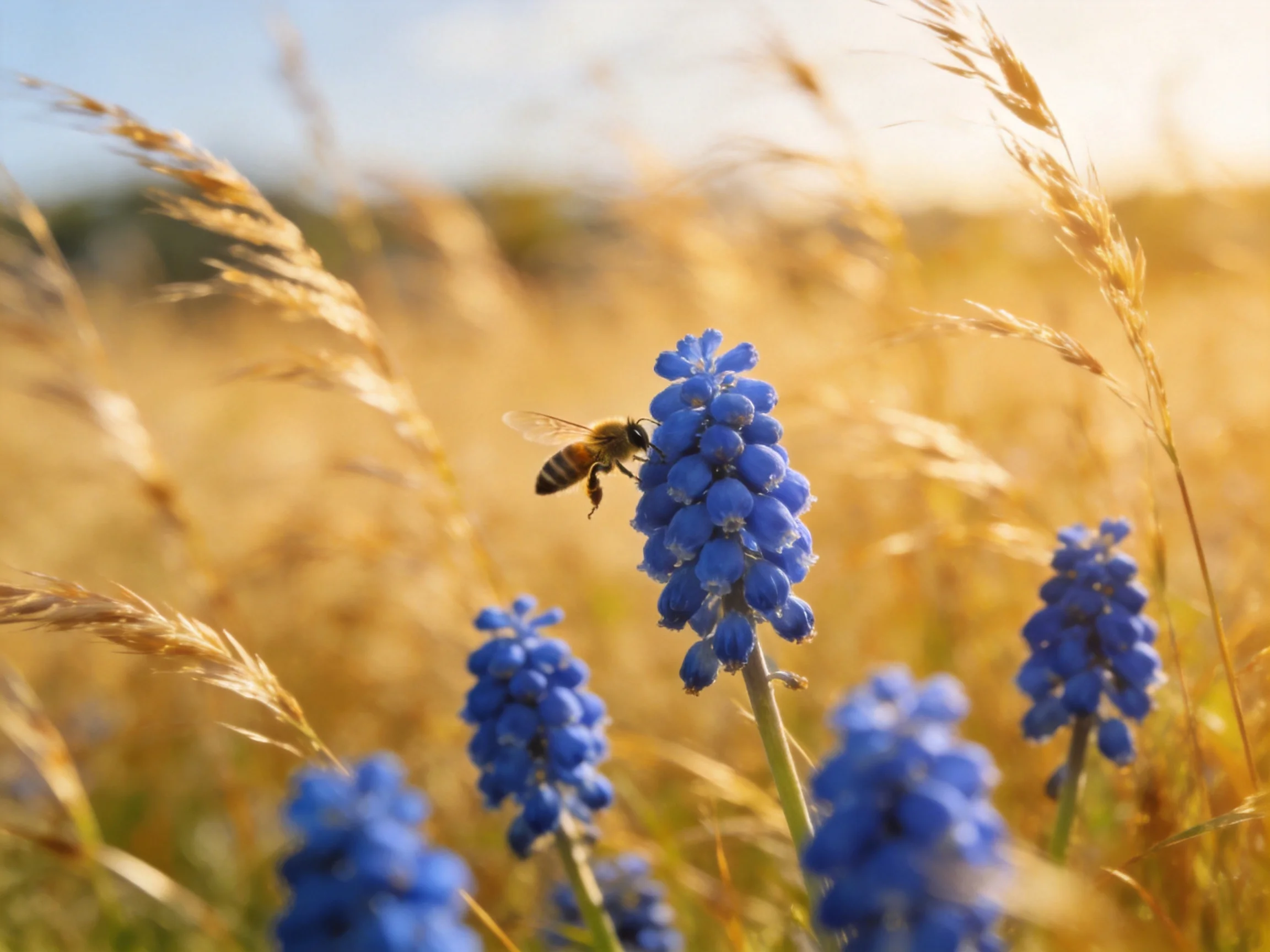 A honeybee gathers nectar from vibrant blue blooms amid golden grasses