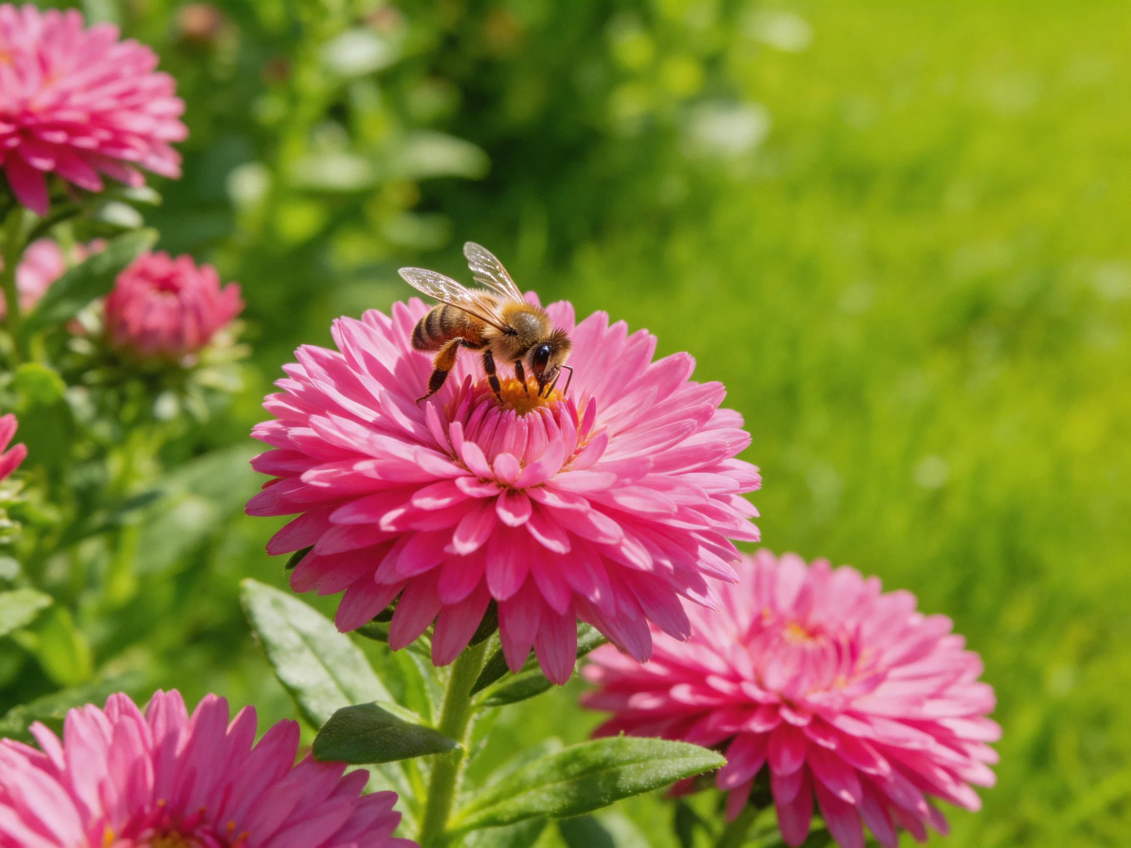 A honeybee gathers nectar from vibrant pink aster flowers