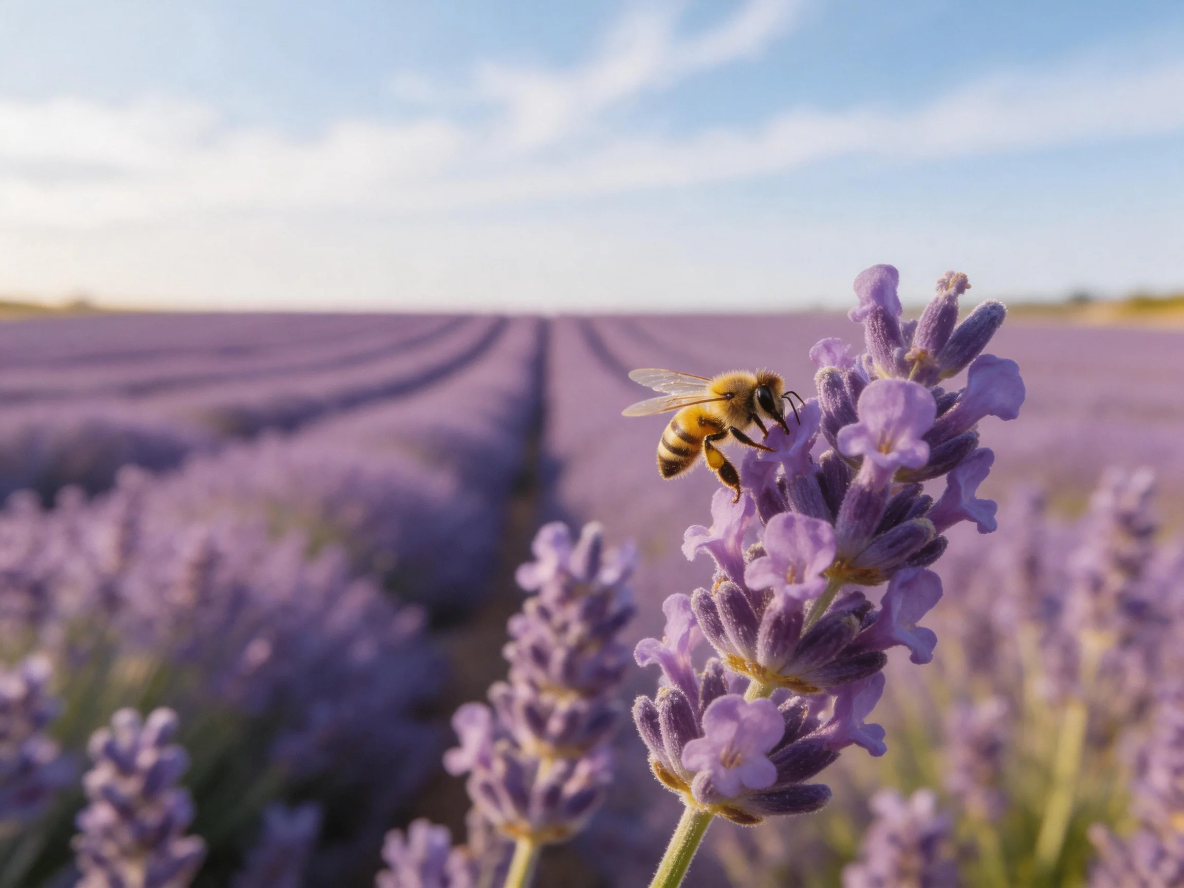 A honeybee gathers nectar from vibrant purple lavender fields under clear skies