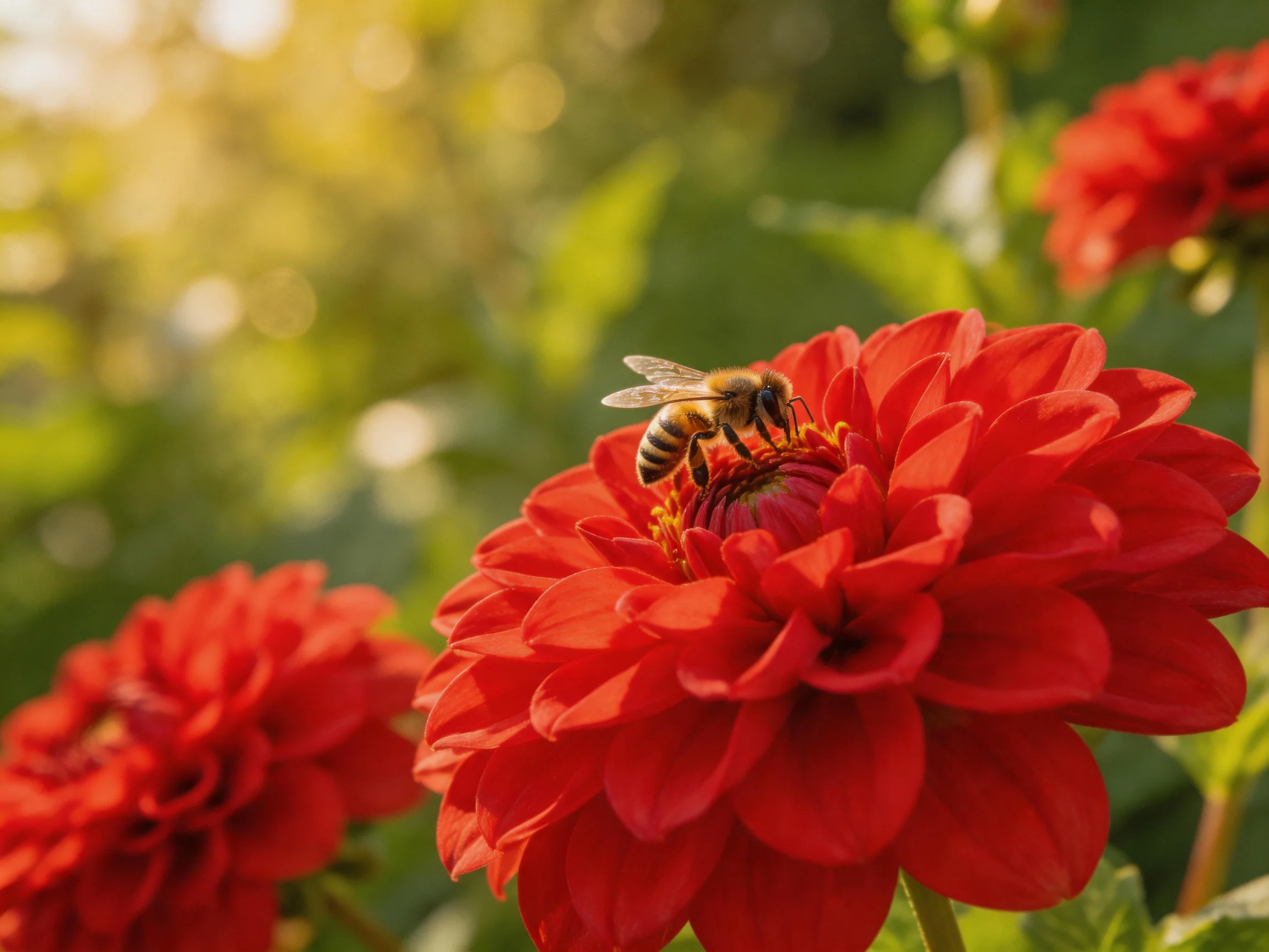 A honeybee gathers nectar from vibrant red dahlias under golden sunlight