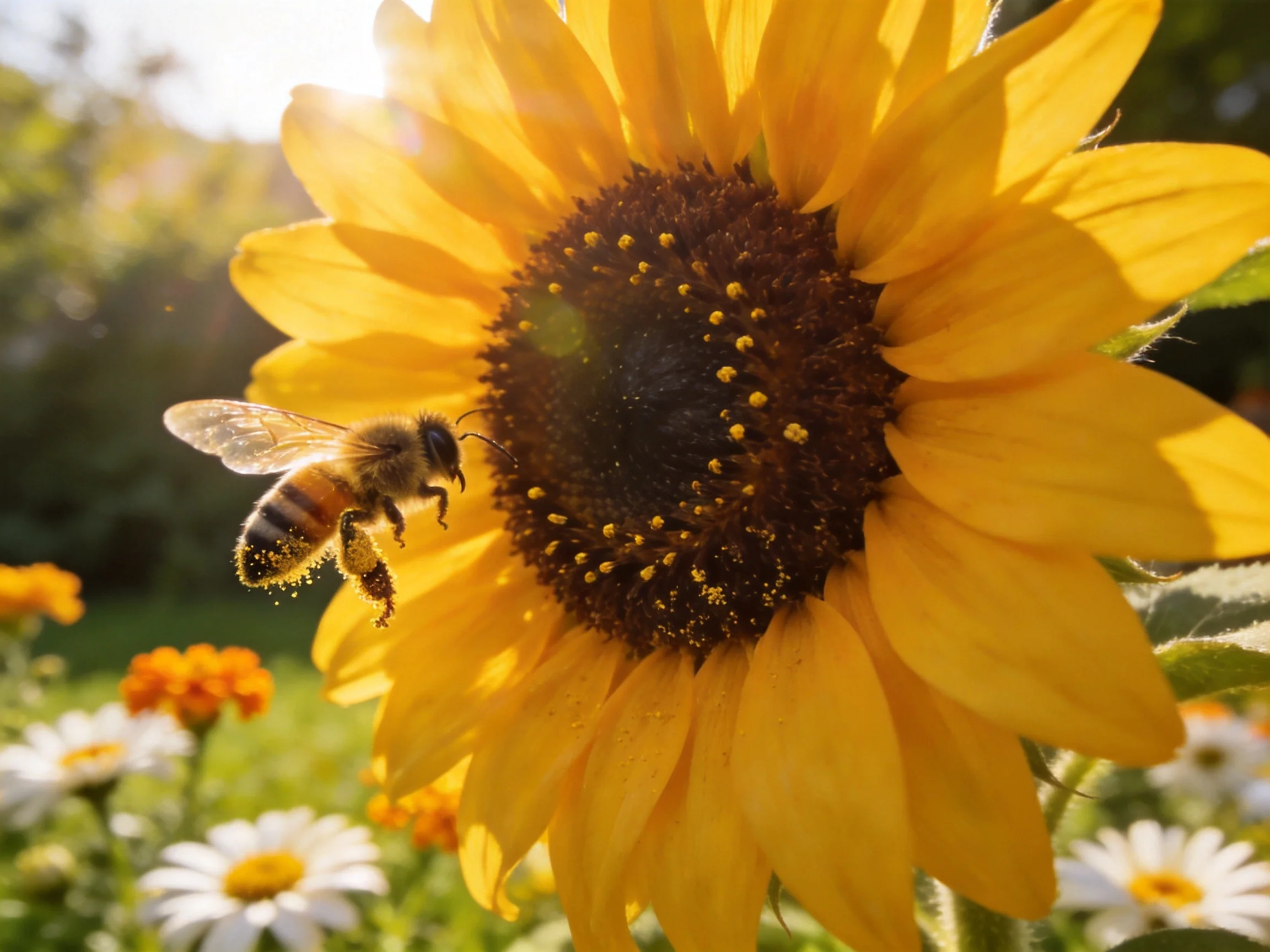 A honeybee gathers pollen from a large sunflower in bright sunlight