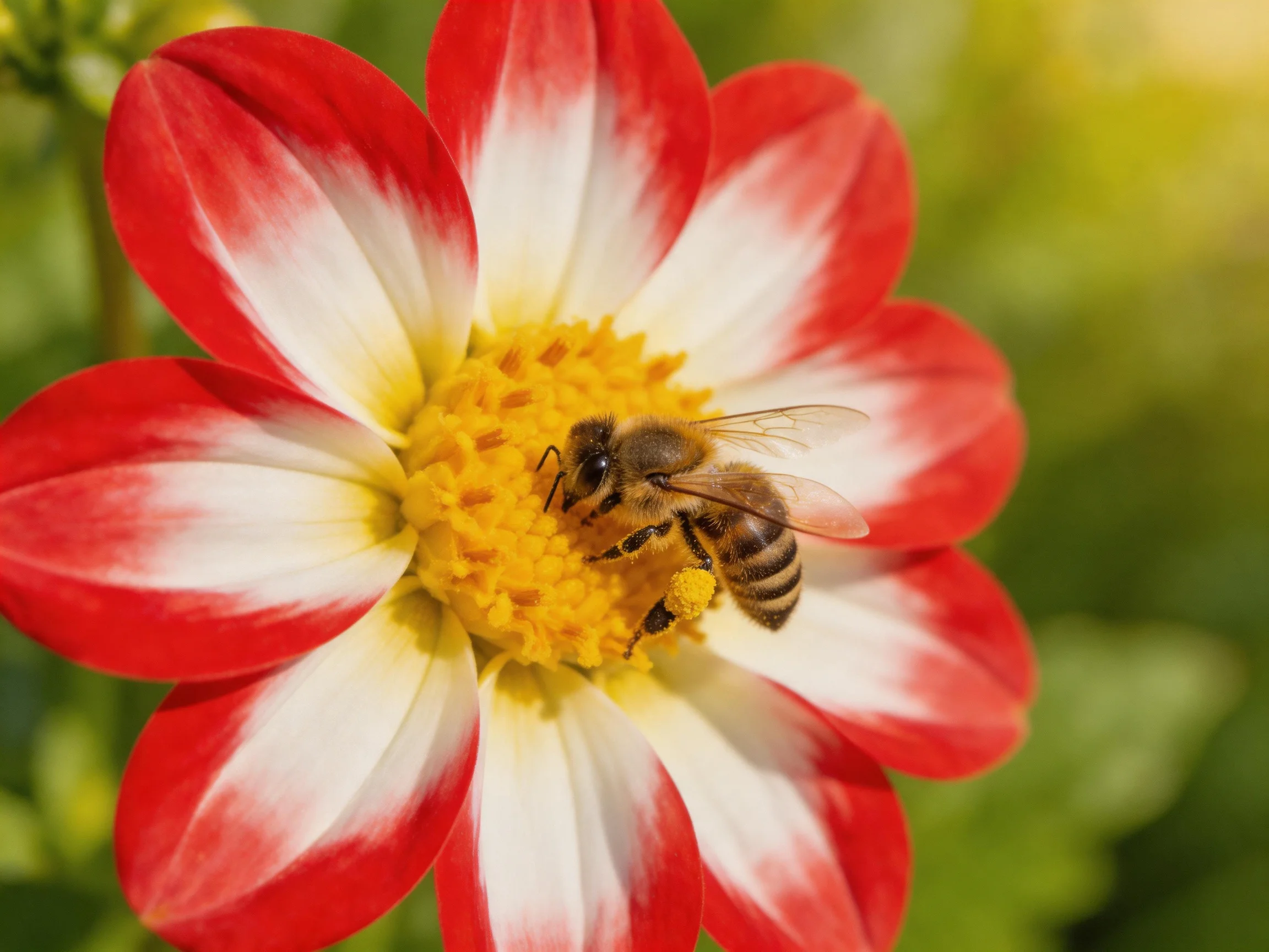 A honeybee gathers pollen from a red-and-white dahlia flower