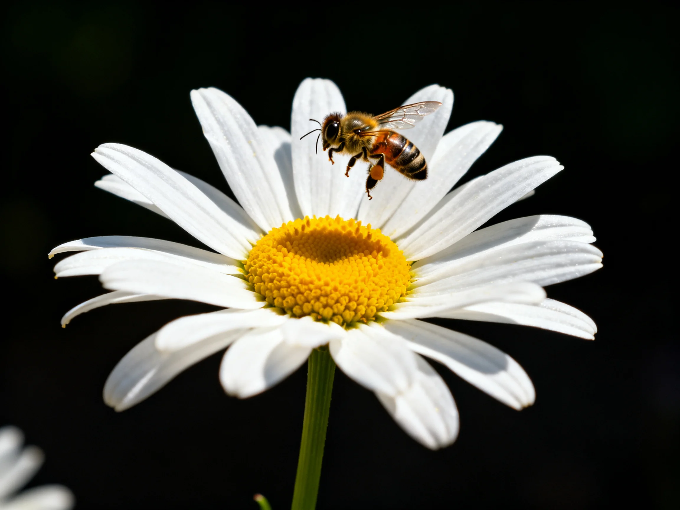 A honeybee hovers near a bright white daisy with a golden center