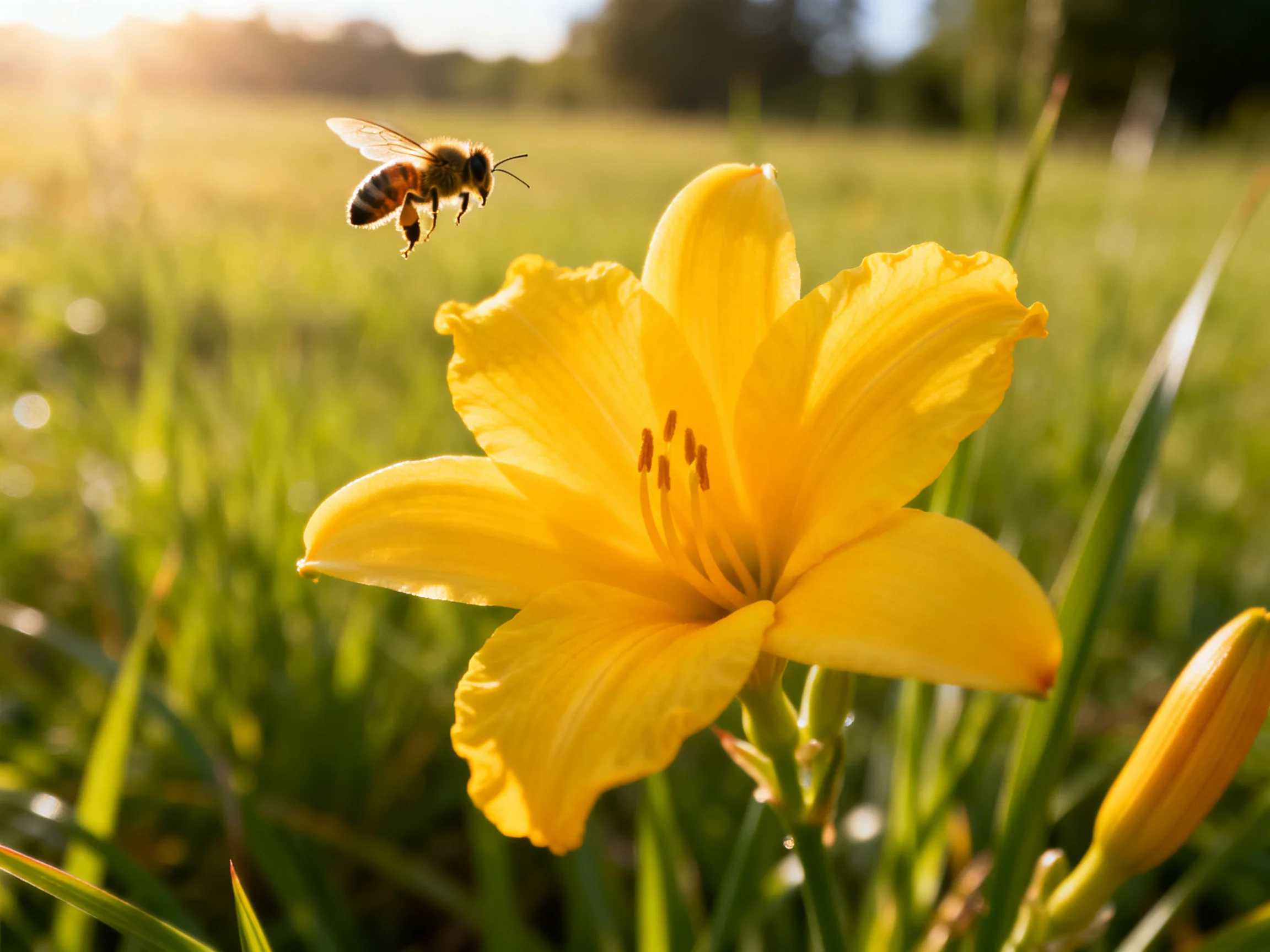 A honeybee hovers near a vibrant yellow daylily in a sunlit meadow