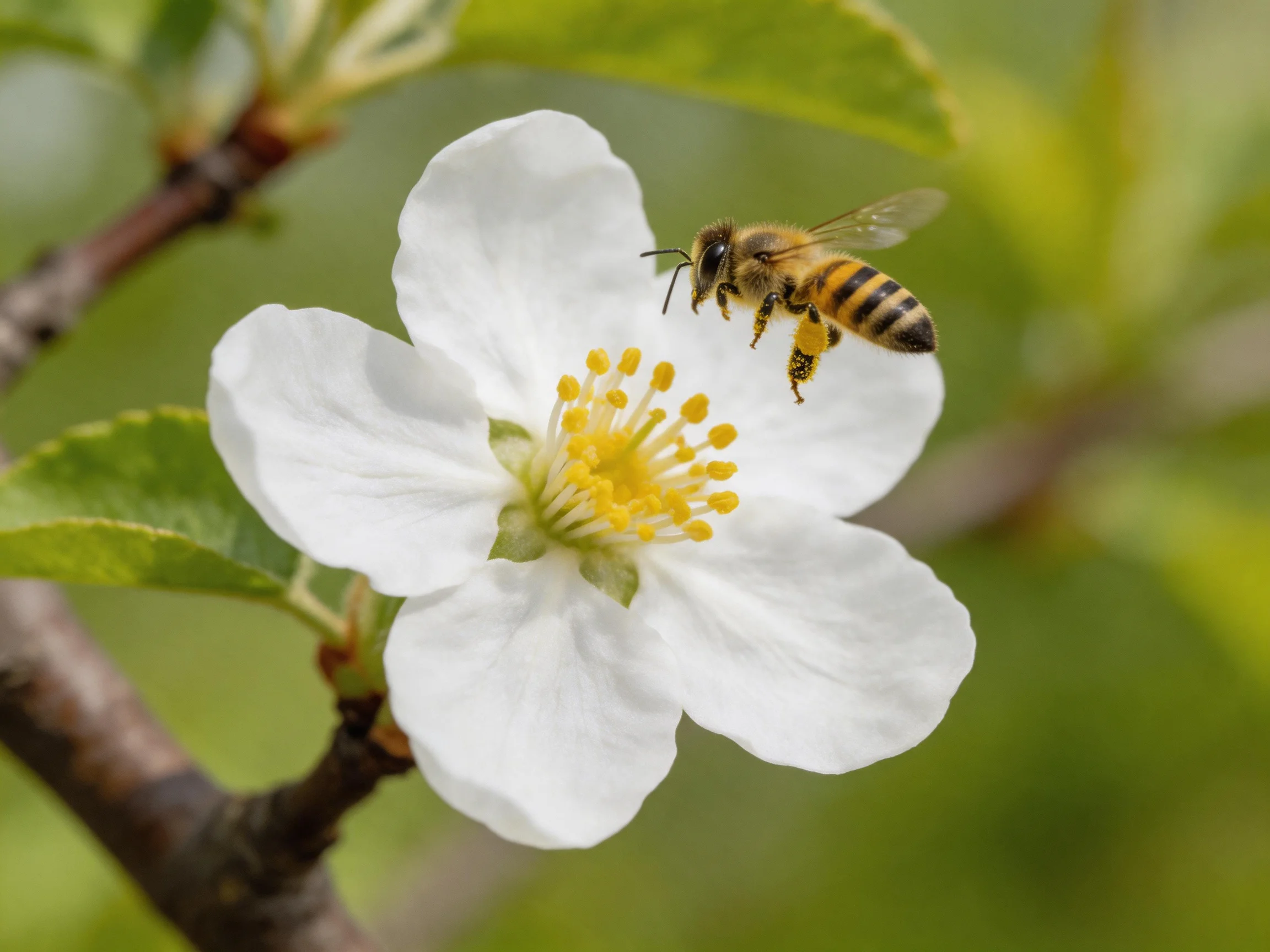 A honeybee hovers near a white flower with yellow stamens