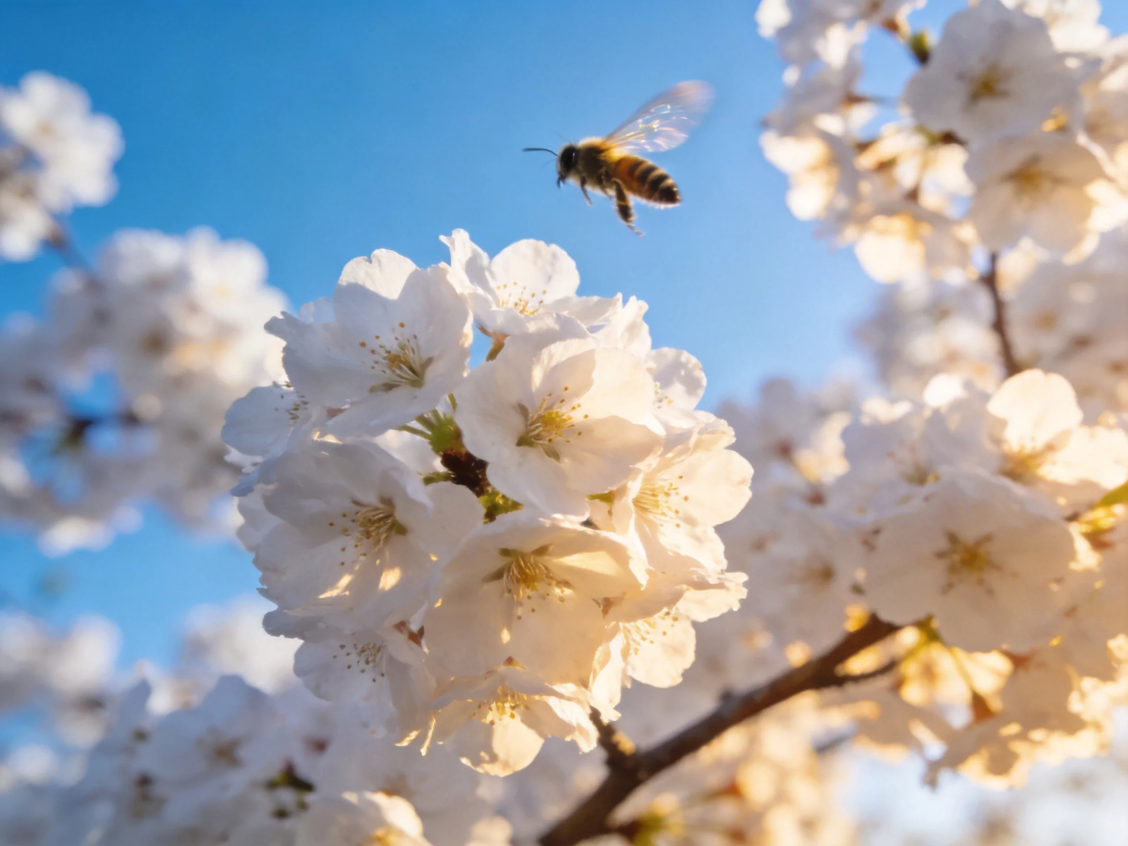 A honeybee hovers near delicate white cherry blossoms against a clear blue sky