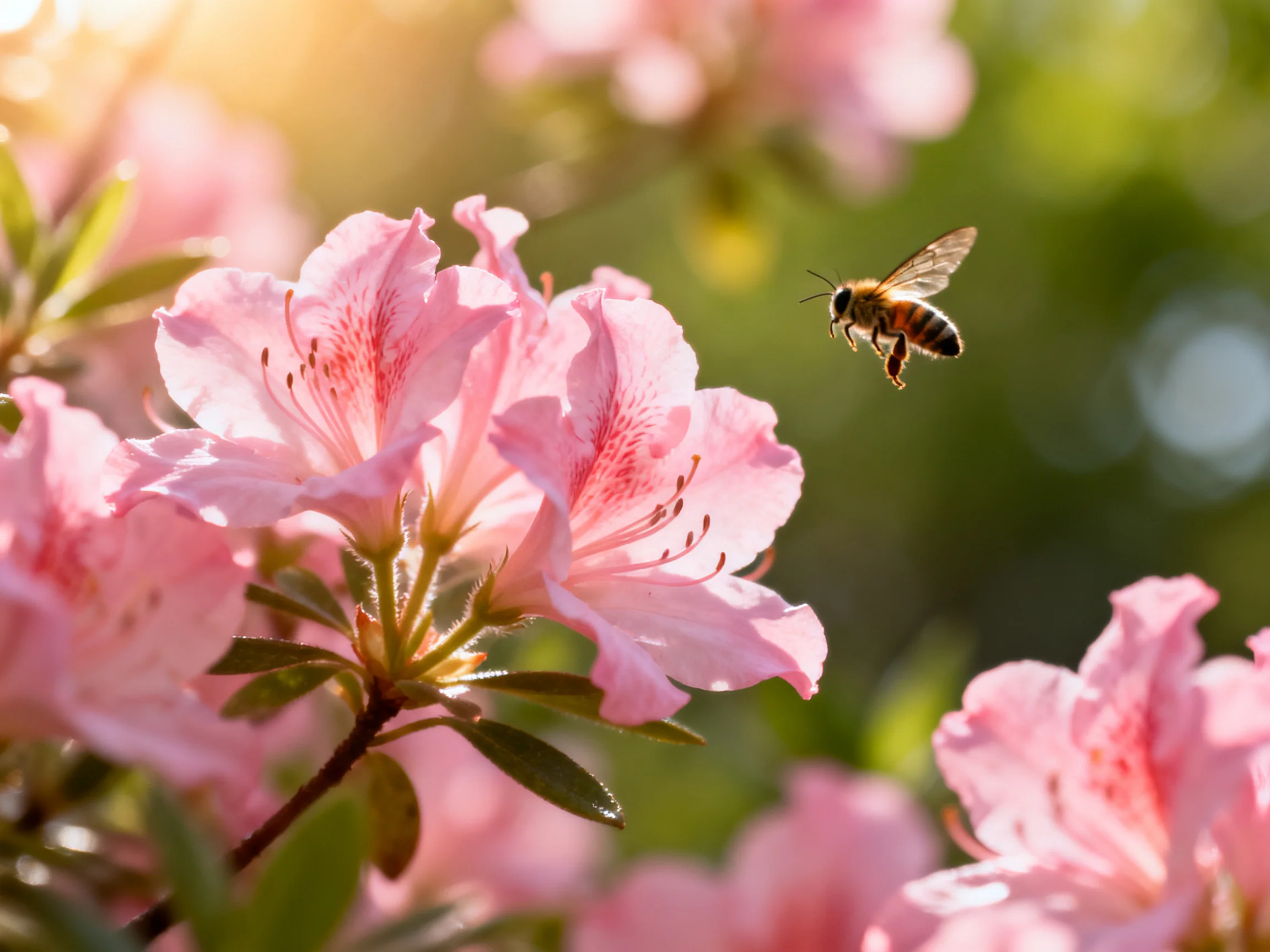 A honeybee hovers near vibrant pink azalea blossoms