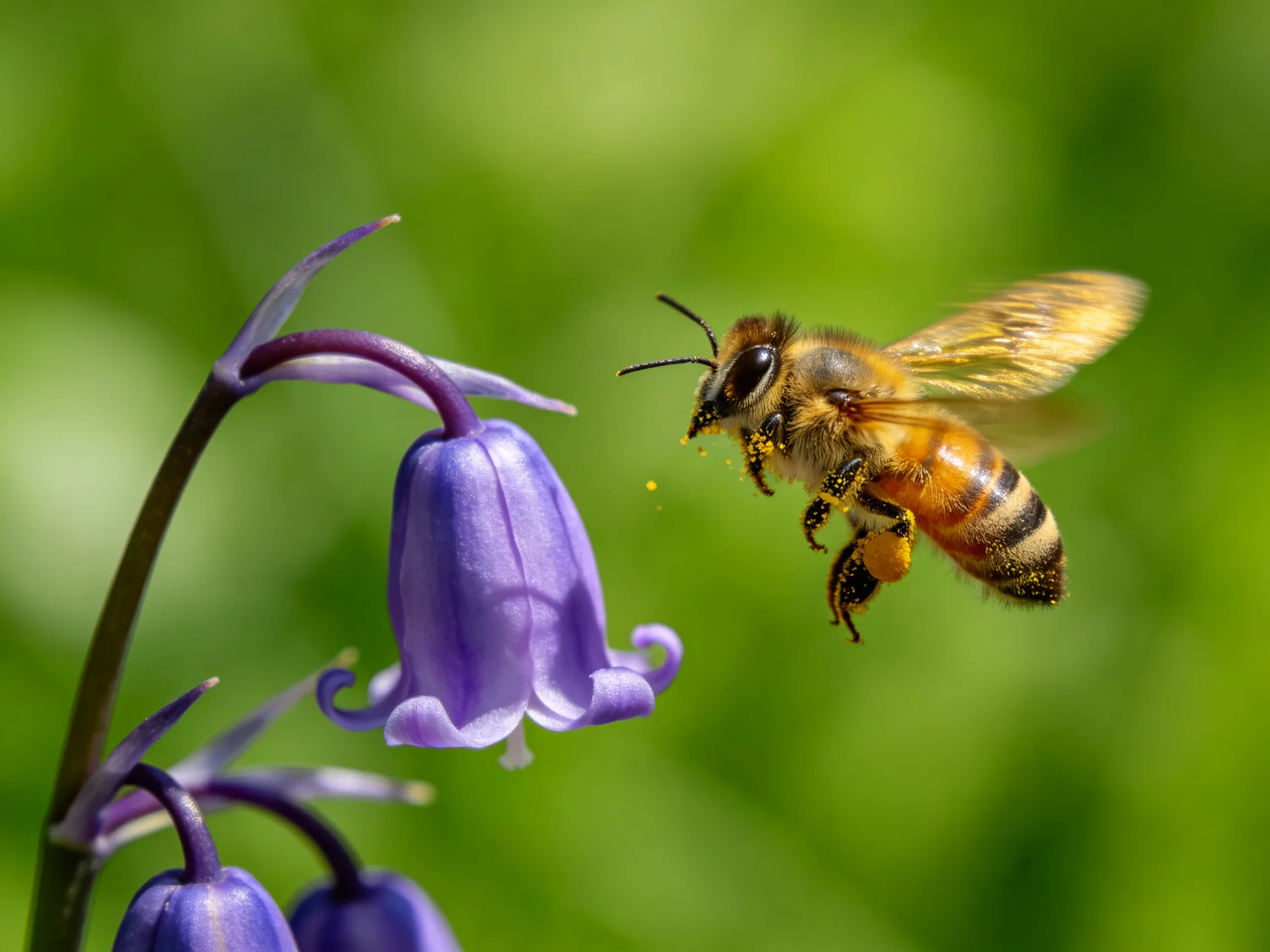 A honeybee hovers near vibrant purple bell - shaped flowers