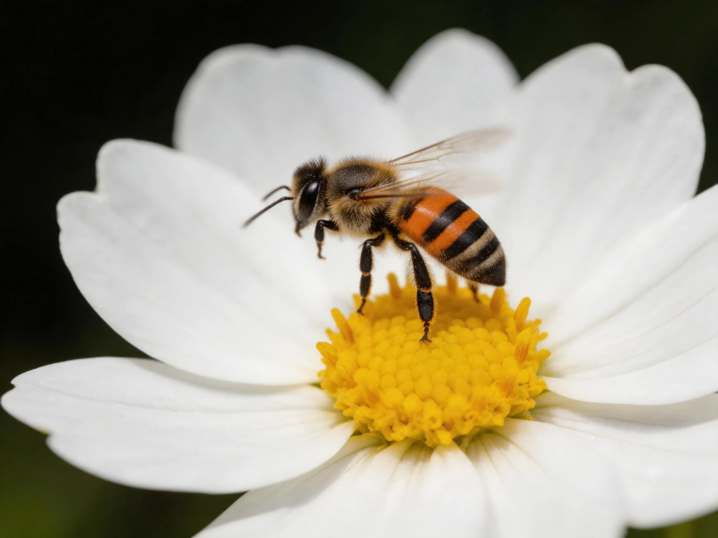 A honeybee perched on a white-petaled flower with a bright yellow center